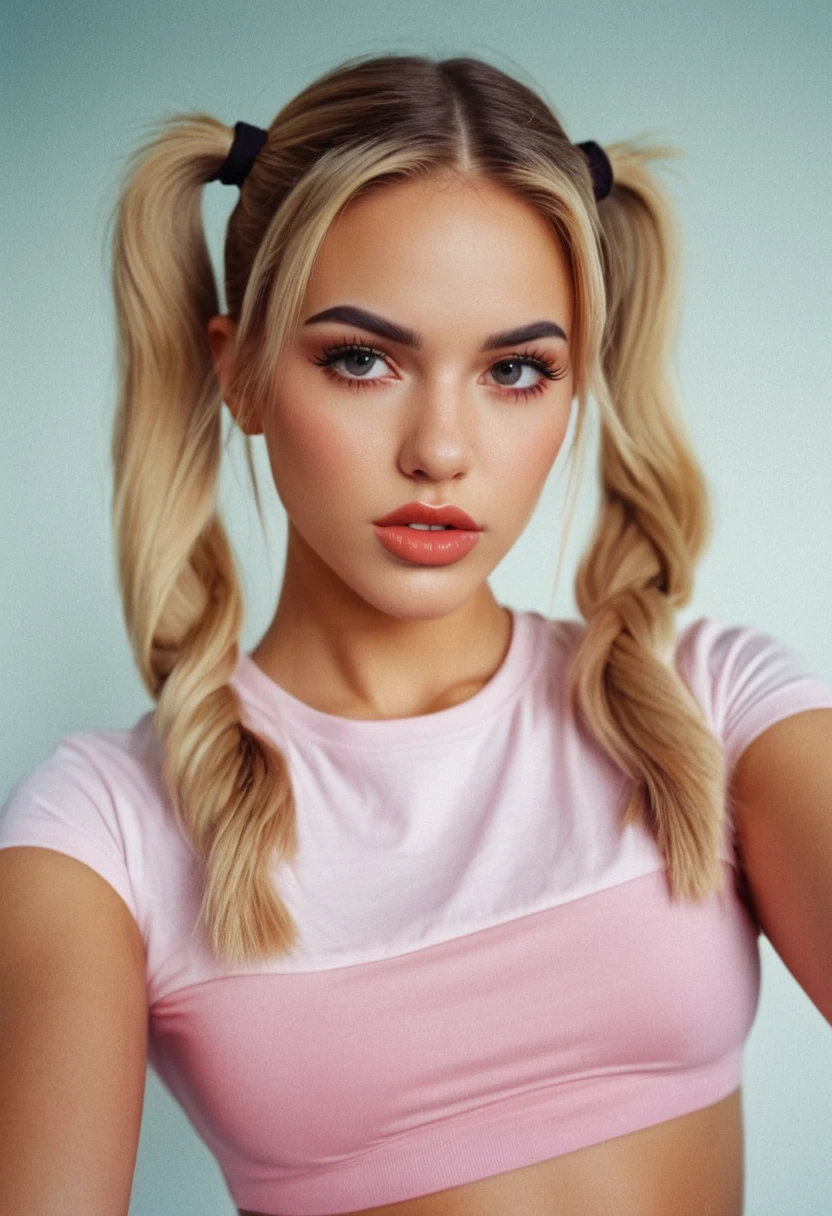 detailed, cinematic, focus, contour makeup, blush, big lips, glossy lips, realr1ss, riss dubois, <lora:RealR1ss-sdxl:1>, 1girl, twin tails, focused, analog, velvia, bokeh, portrait, close-up, midriff, (shirt), croptop, navel, solo, realistic, blonde hair,