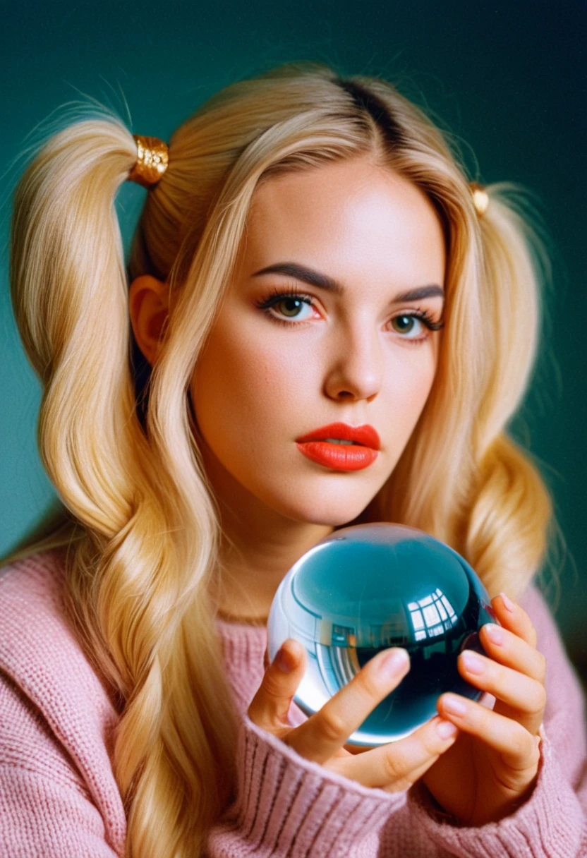 ambiance, analog, realr1ss, riss dubois, <lora:RealR1ss-sdxl:1>, 1girl, mature, sweater, solo, orb, (portrait), crystal ball, long hair, twin tails hair, realistic, contemplating her glowing orb, blonde hair, contour makeup, big lips, looking at viewer, bokeh, focus, film, ektachrome, sharp, focus, detail, artistic, best quality, photograph, focus