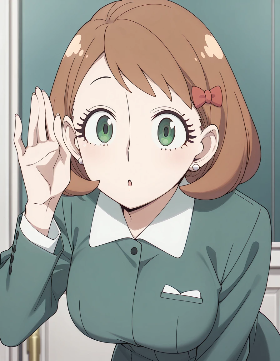 masterpiece, best quality, amazing quality,, <lora:millie-myers-anime-illustriousxl-lora-nochekaiser:1>, millie myers, millie (spy x family), short hair, bangs, blue eyes, brown hair, hair bow, grey eyes, eyelashes, mature female, medium breasts, anime screencap,, <lora:cupping-ears-illustriousxl-lora-nochekaiser:1>, cupping ears, looking at viewer, upper body, :o, hand up, parted lips, leaning forward, ear focus,, , ,