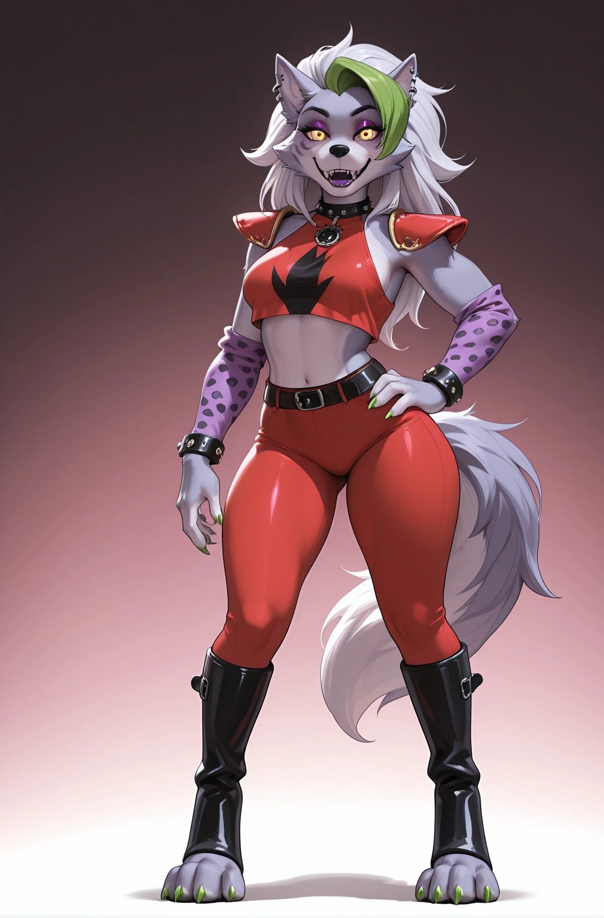 best quality,   fnafroxanne, furry female, body fur, makeup, wolf ears, wolf tail, crop top, large breasts, purple lipstick, collar, spikes, jewelry, ear piercing, bracelet, yellow eyes, detailed eyes,  3DMM, gray hair, green hair, taut clothes, :d, excited, horny, aroused, ahegao, BEReaction, bursting breasts