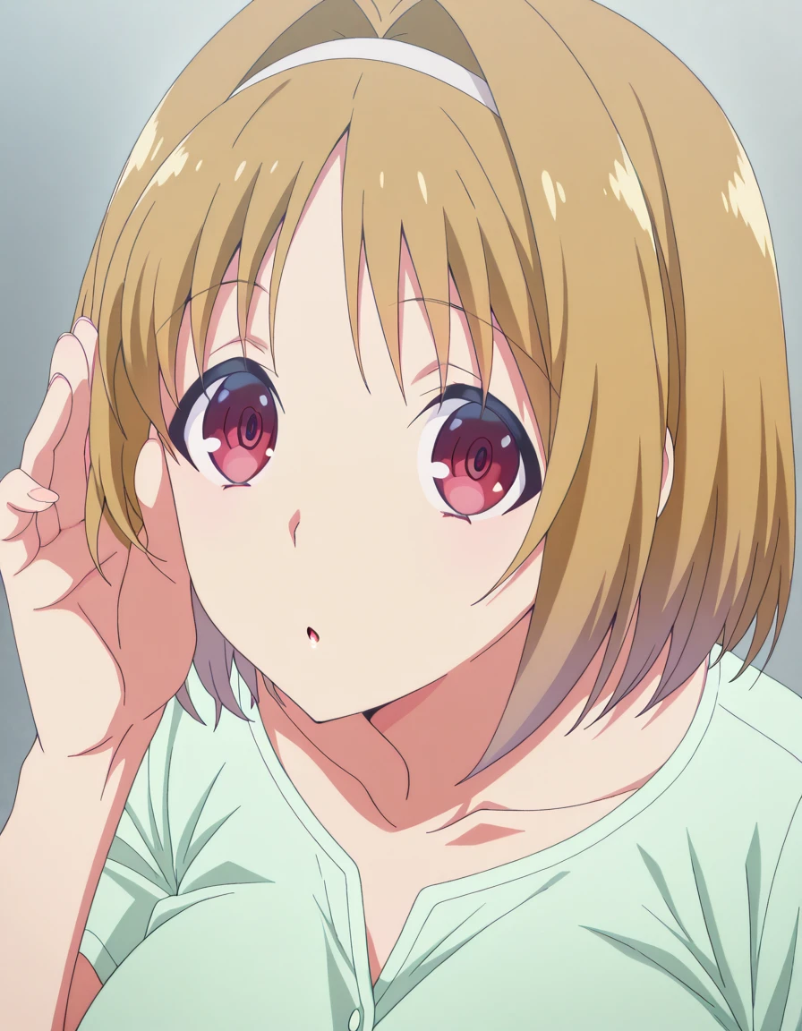 masterpiece, best quality, amazing quality,, <lora:kikyou-kushida-s2-illustriousxl-lora-nochekaiser:1>, kikyou kushida, short hair, blonde hair, red eyes, hairband, hair intakes, mature female, breasts, anime screencap, <lora:cupping-ears-illustriousxl-lora-nochekaiser:1>, cupping ears, looking at viewer, upper body, :o, hand up, parted lips, leaning forward, ear focus,, , ,