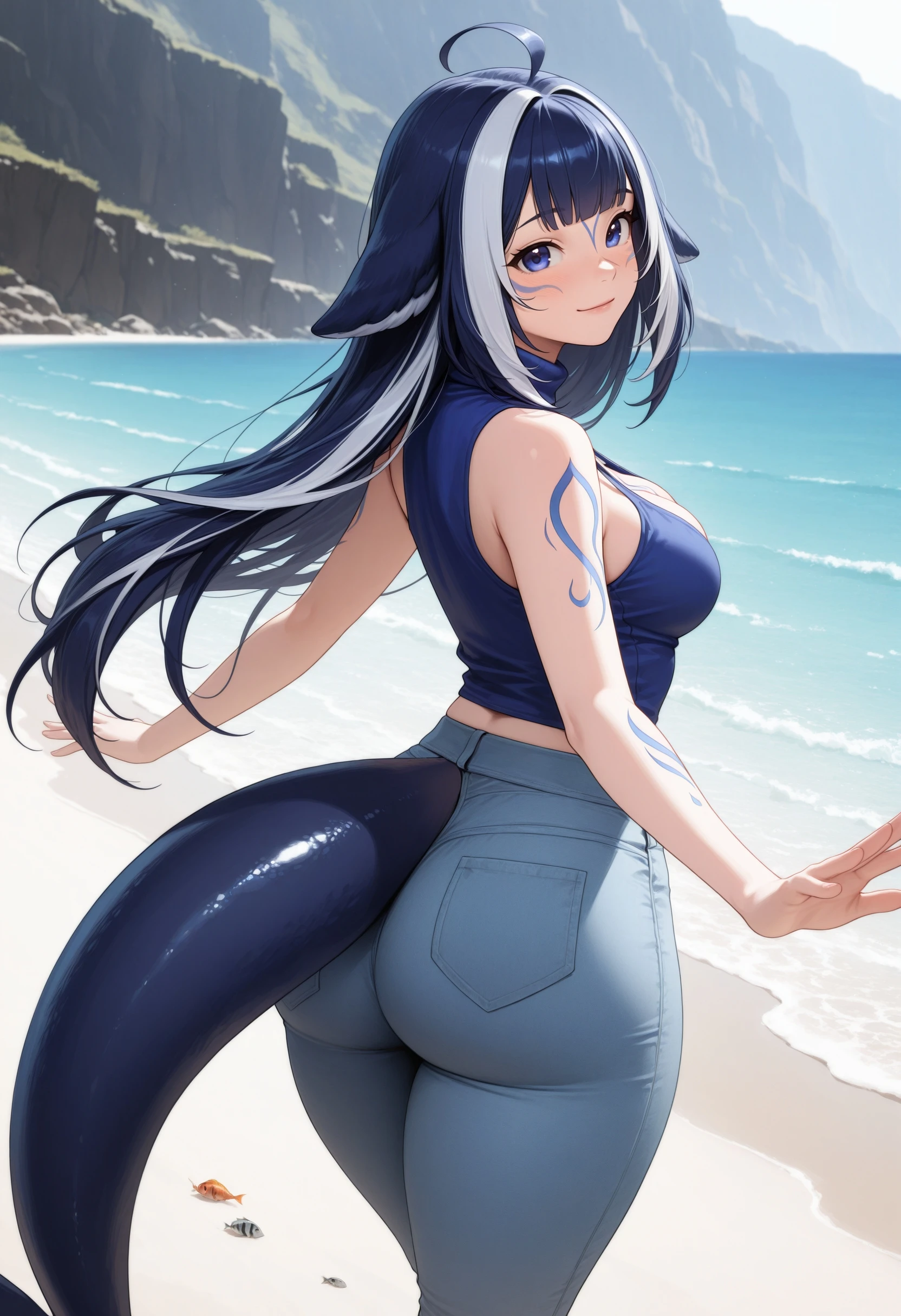 Shark girl, very sexy, big breasts, Denim short, white bra, shorts, back view