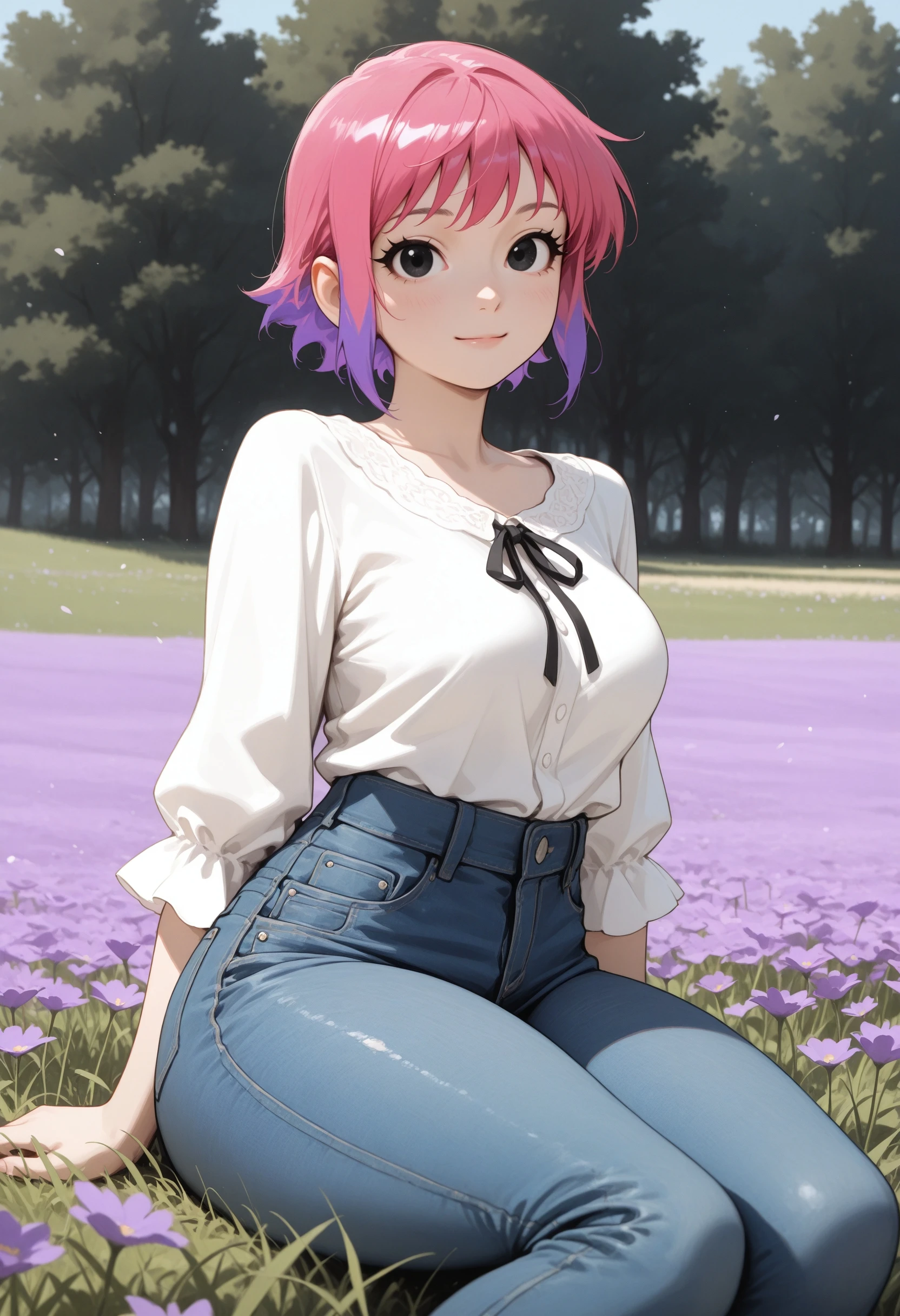 lazypos, 1girl, solo, thick thighs, skindentation, medium breasts,
light smile, sitting,
blouse, jeans,
facing viewer, looking at viewer,
meadow,
<lora:Ramona Flowers (illust):1> ramflo, short hair, multicolored hair, two-tone hair, pink hair, purple hair, long eyelashes, black eyes,
