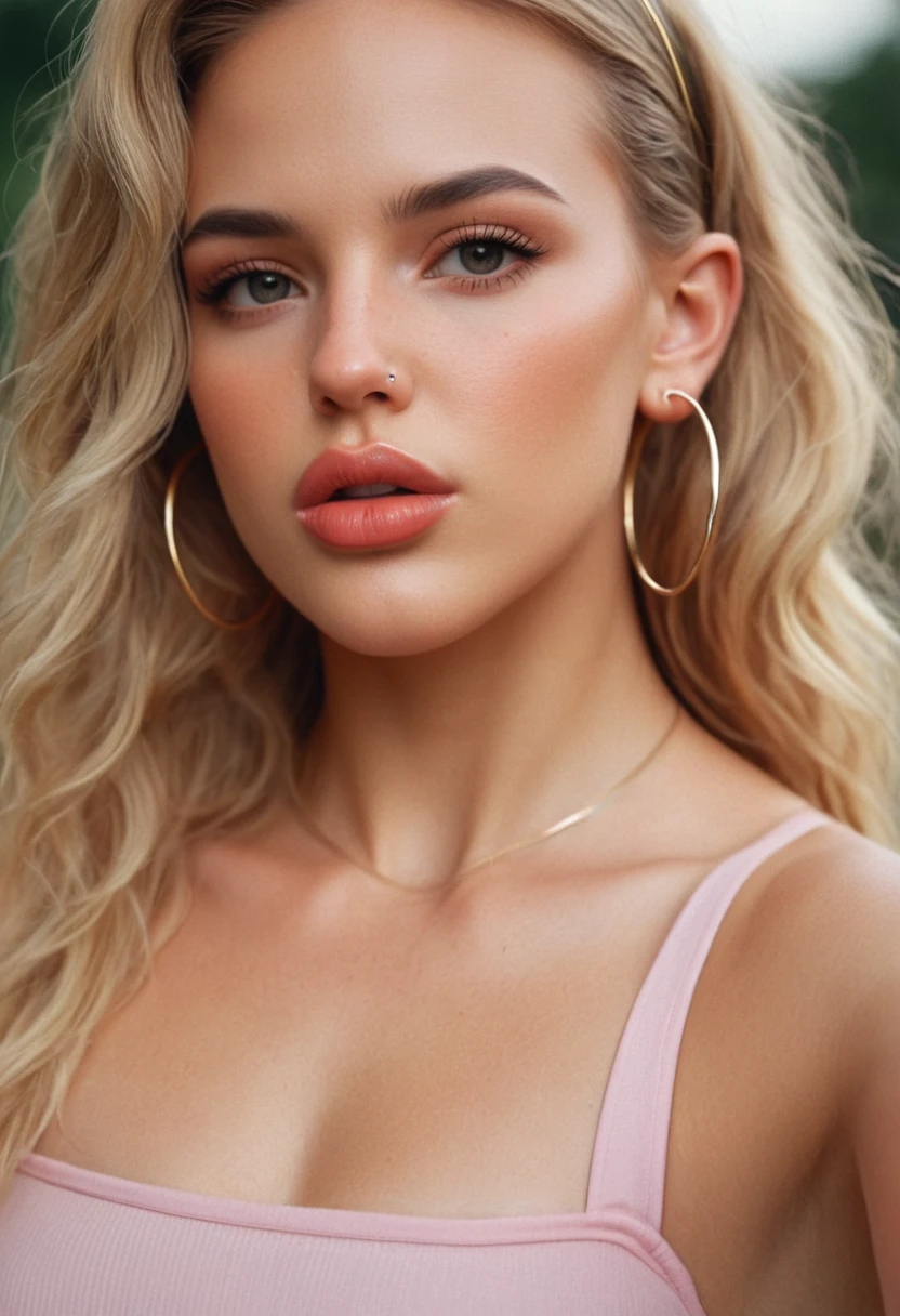 detailed, cinematic, focus, contour makeup, blush, big lips, glossy lips, realr1ss, riss dubois, <lora:RealR1ss-sdxl:1>, 1girl, focused, analog, velvia, bokeh, portrait, close-up, face focused, midriff, croptop, navel, solo, realistic, jewelry, blonde hair, earrings, long hair, hoop earrings,
