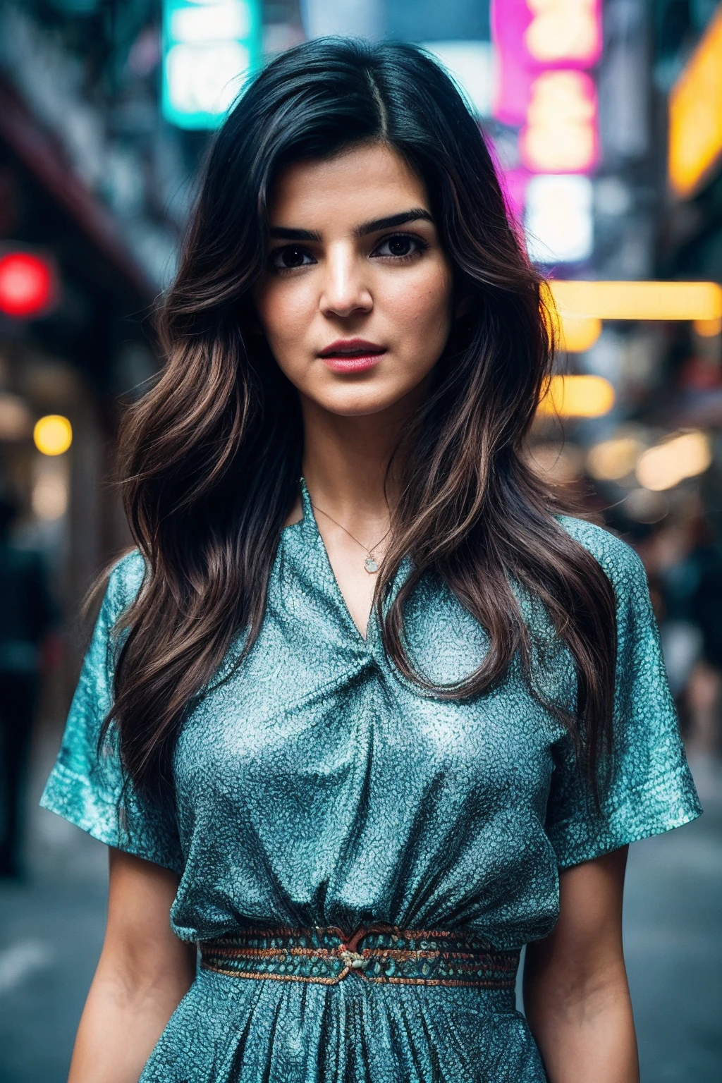 professional photo of Mila Kunis, high ponytail hair, perfect eyes, wearing constricting upper body clothing, boat neck, electromagnetic spider silk, zigzag lines, niobium, bell sleeves, midi length, drop waist, belt loops,,slit details,,d-rings,,open back,,hi-lo hem,,enzyme wash, loose lower body clothing, virtual reality graphene, moiré, wood carving tool, oversized fit, natural waist, train,,pocket flaps,,collar,,distressed wash,,side pockets,,adjustable waist, gorgeous smile, night sky diversity of insect, sophisticated and polished makeup, low lighting, moody, large depth of field, deep depth of field, highly detailed, three quarter shot