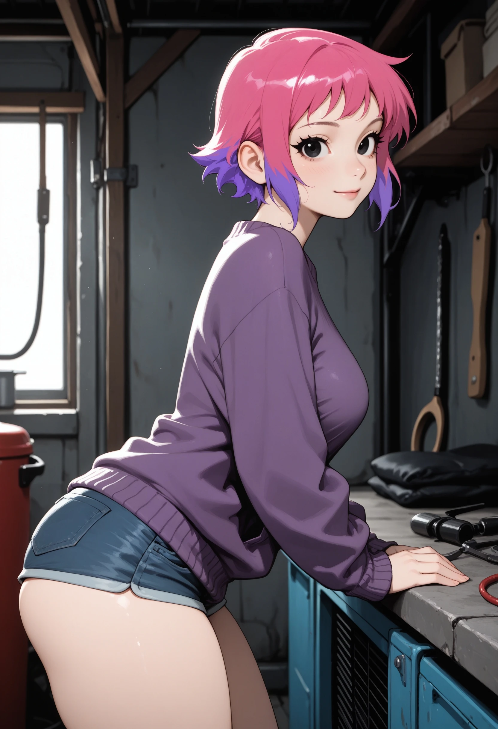 lazypos, 1girl, solo, thick thighs, skindentation, medium breasts,
light smile, leaning forward,
sweater dress, short shorts,
from side, looking at viewer,
garage,
<lora:Ramona Flowers (illust):1> ramflo, short hair, multicolored hair, two-tone hair, pink hair, purple hair, long eyelashes, black eyes,