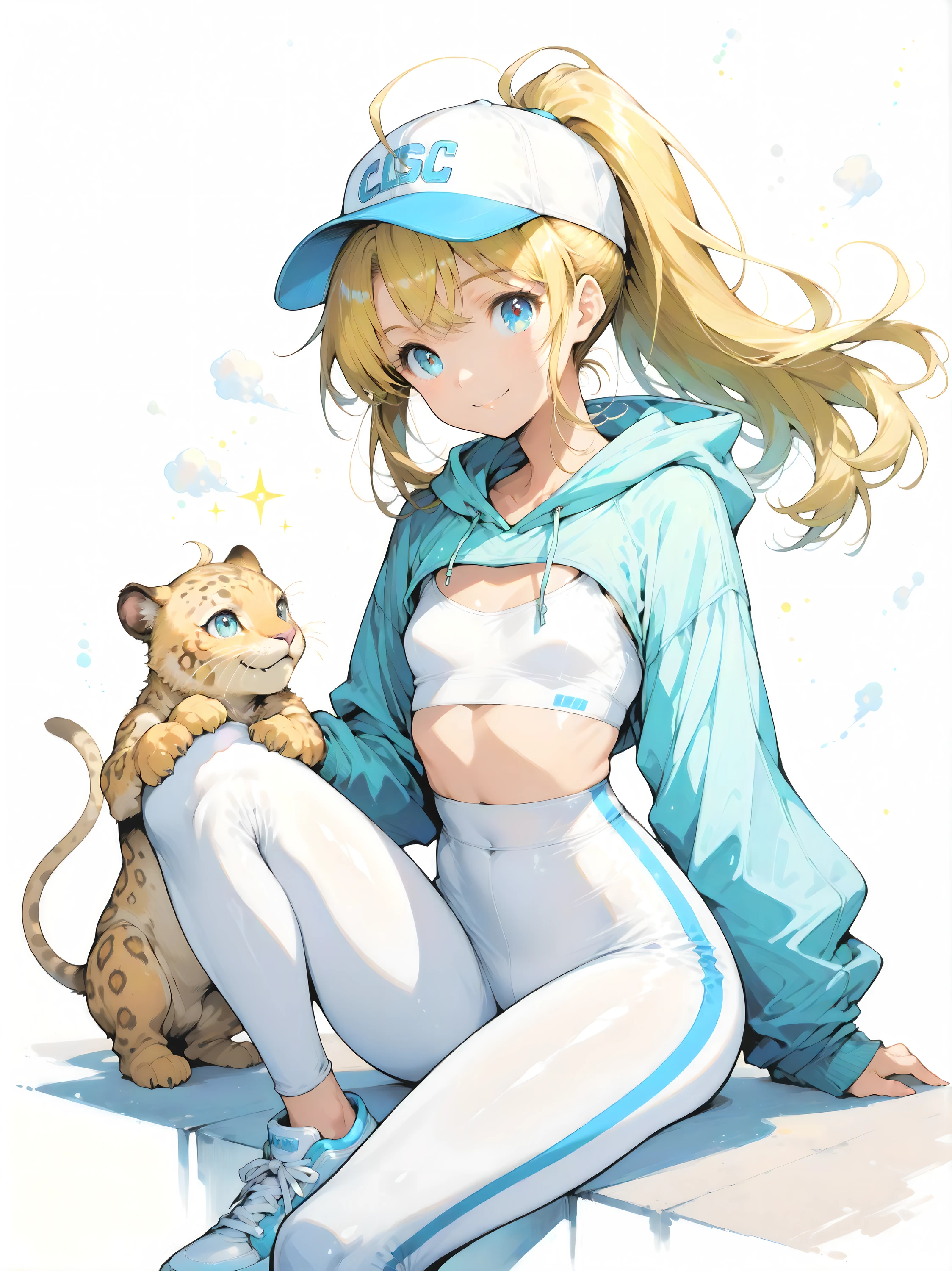 Best quality, Masterpieces, simple background, lots of negative space, delicate anime-style illustration, white background, fine detail, (young girl), small body, beautiful face and eyes, Beautiful, clear, curious blue eyes, Beautiful hair, floating hair, shoulder length hair, (blonde hair), bobbed hair with ponytail, antenna hair, ahoge, shiny skin, pretty, (flat chest), (small breasts), active personality, big smile, with baby panther, Sitting with one knee up, hand on knee, High-waisted leggings with mesh panels paired with a fitted workout top. Layering it with a zip-up hoodie and sleek sneakers. Adding a touch of style with a baseball cap for convenience., soft cloudy sky background, light blue and white, minimal and dreamy,