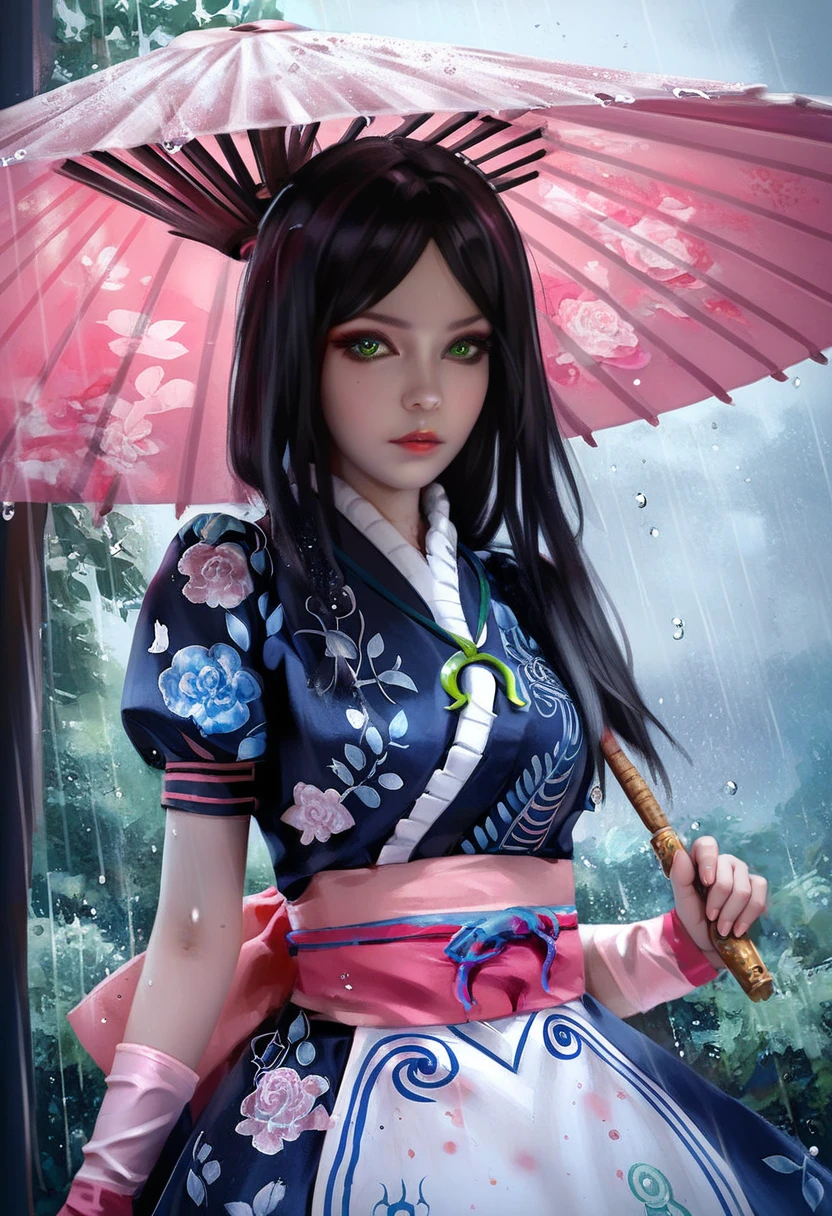 AMRSM, 1girl, solo, young woman, makeup, green eyes, 3/4 body shot, nephritis horseshoe pendant, apron, long hair, black hair, looking at viewer , (apron:0.9), (holding oil-paper umbrella in hand:1.1), floral yukata, pink detached sleeves, heavy rain, japanise park, (parted lips:0.7) , <lora:AliceSilkMaidenPonyV2:1>, <lora:Wlop_v3_Style_PonyXL:0.75> by wlop, wlop, score_9, score_8_up, score_7_up,
