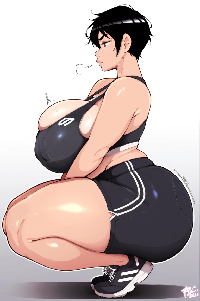 A woman，White short hair，Black eyes，sports Shorts，Sweating，Bikini，Long legs，Nipple protrusion，Twenties，exposed，Sneakers，Huge breasts，超级Huge breasts，Standing
