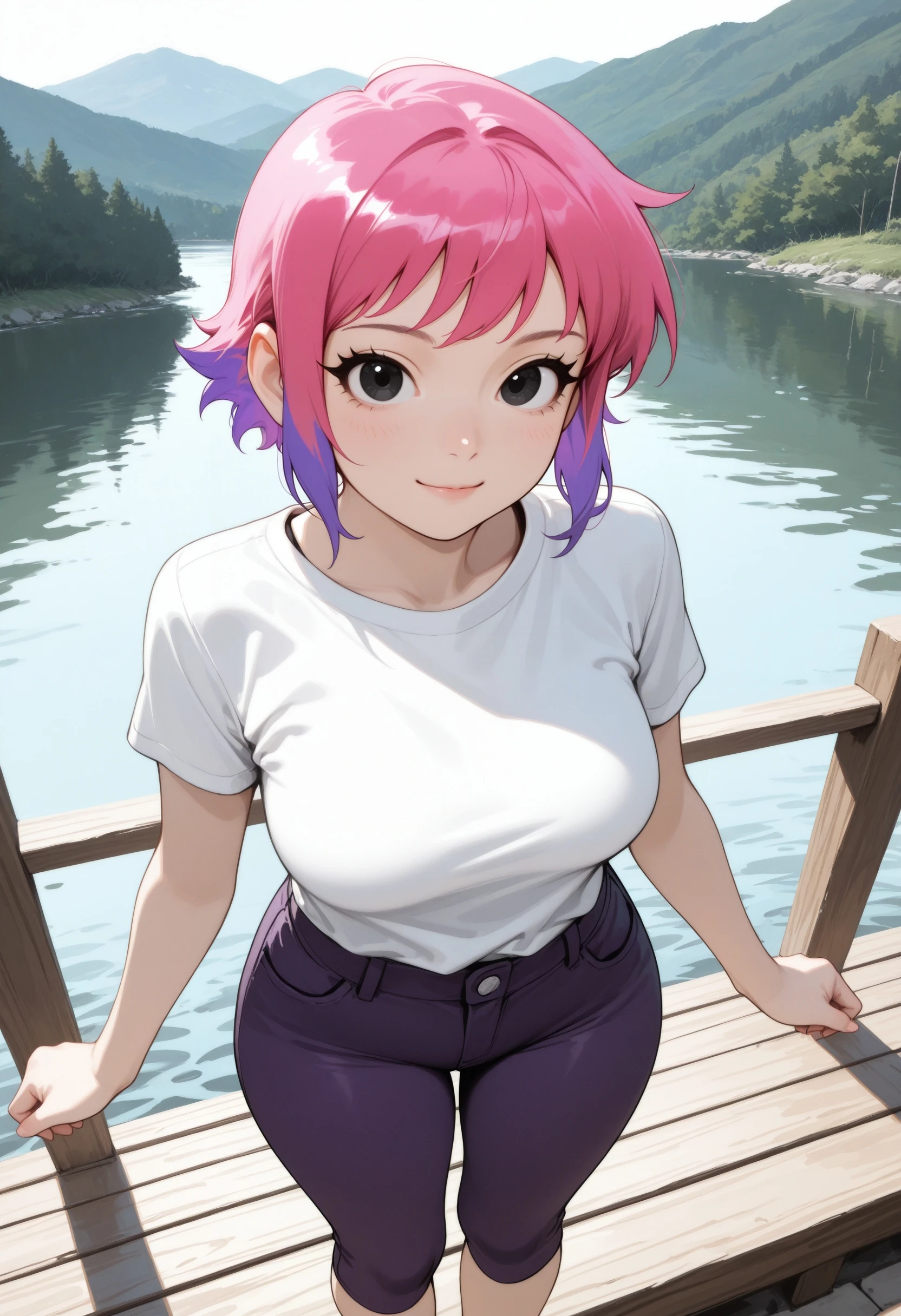 lazypos, 1girl, solo, thick thighs, skindentation, medium breasts,
light smile, shrugging,
t-shirt, capri pants,
from above, looking at viewer,
lake,
<lora:Ramona Flowers (illust):1> ramflo, short hair, multicolored hair, two-tone hair, pink hair, purple hair, long eyelashes, black eyes,