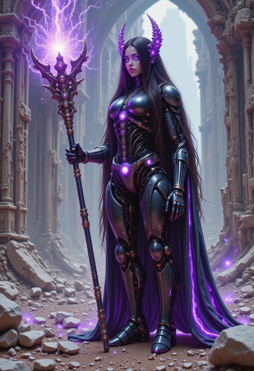 pinkmechalux, A battle-ready cyborg sorceress, dark gunmetal bodysuit with pulsating purple circuitry, holding an ornate staff crackling with electric energy, her eyes glowing violet as she stands before a ruined cyber temple.