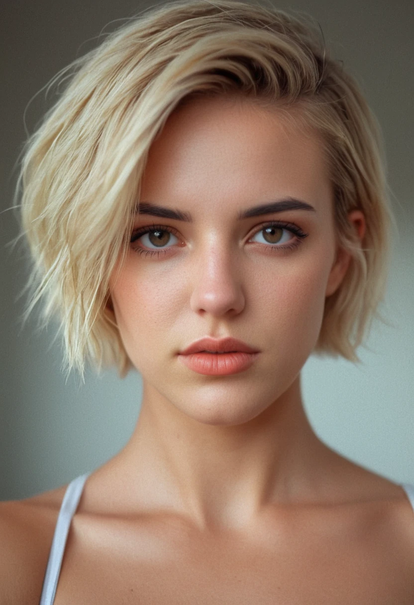 detailed, cinematic, focus, realr1ss, riss dubois, <lora:RealR1ss-sdxl:1>, 1girl, solo, shirt, midriff, realistic, contour makeup, short hair, blonde hair, focused, analog, velvia, bokeh, portrait, close-up, face focused