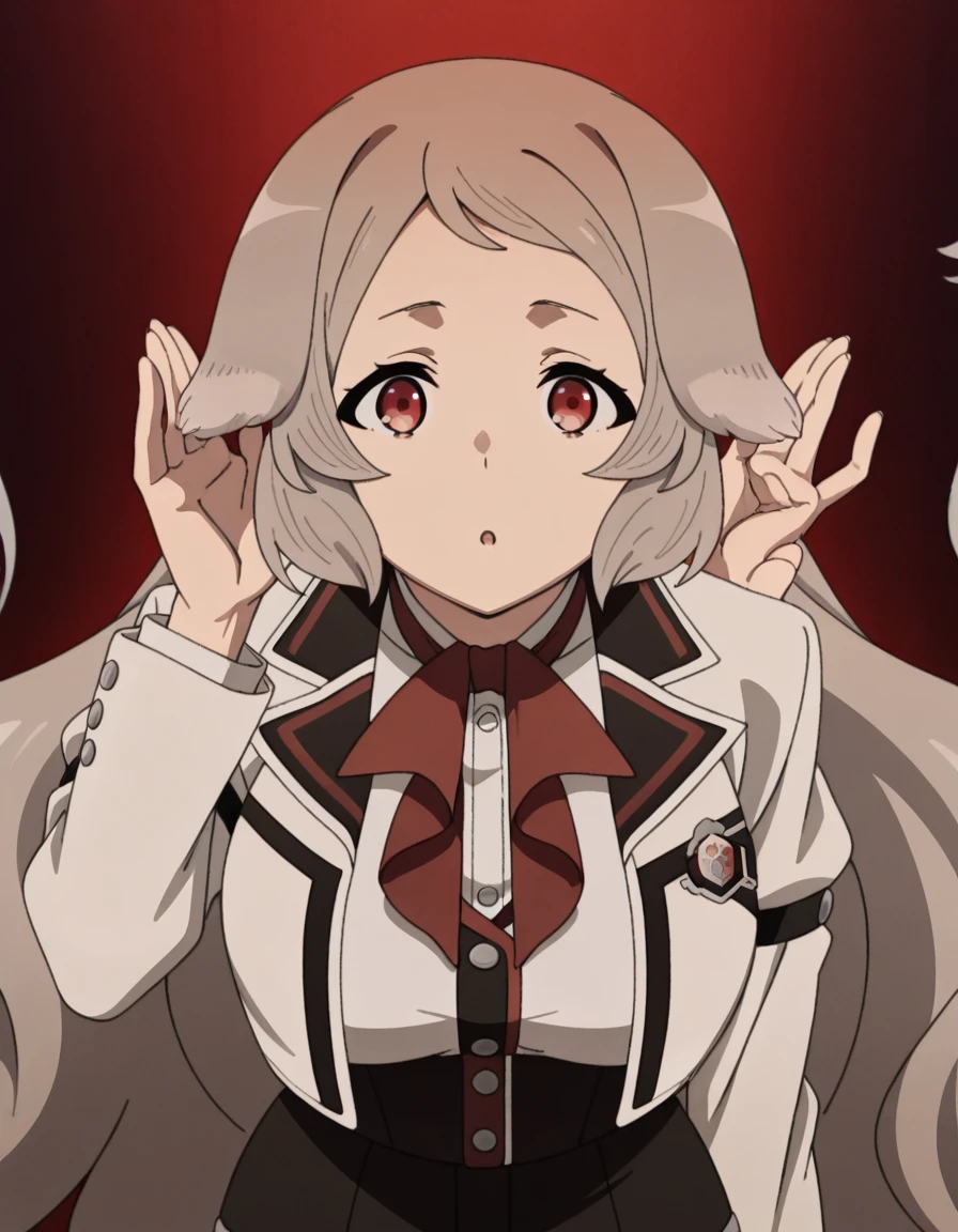 masterpiece, best quality, amazing quality,, <lora:pursena-adoldia-s2-illustriousxl-lora-nochekaiser:1>, pursena adoldia, long hair, red eyes, animal ears, very long hair, grey hair, mature female, breasts, anime screencap, <lora:cupping-ears-illustriousxl-lora-nochekaiser:1>, cupping ears, looking at viewer, upper body, :o, hand up, parted lips, leaning forward, ear focus,, , ,