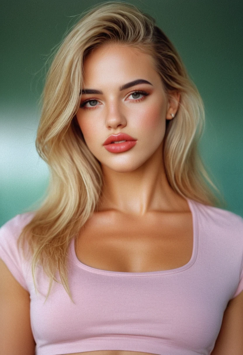 detailed, cinematic, focus, contour makeup, blush, big lips, glossy lips, realr1ss, riss dubois, <lora:RealR1ss-sdxl:1>, 1girl, focused, analog, velvia, bokeh, portrait, close-up, midriff, (shirt), croptop, navel, solo, realistic, blonde hair,