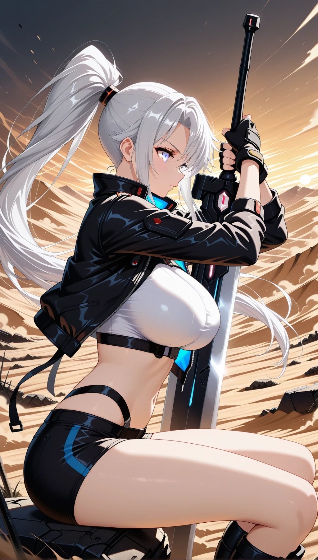 kana with long white hair and black red eyepatch outfit gloves, tattoo, holding big blades, blue eyes, beautiful eyes, beautiful girl, high detail skin, high detail eyes, high detail hair, highres, ultra detailed, detailed pores, imperfect skin, detailed reflective shiny skin, diffused skin pores,sharpen picture, Highly detailed, masterpiece, best quality, smiling, ((liking))