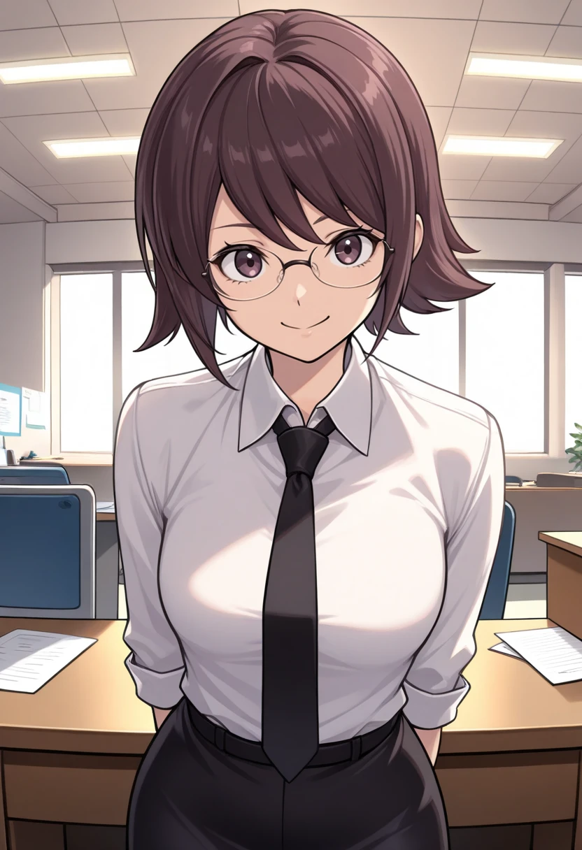 Company Office,There are a lot of papers, Computers and writing utensils around,Sharp woman with glasses,Officelady,Standing with a binder in hand, Lean forward so that you can see your cleavage,Brown hair,Orange Eyes,Black fishnet tights,White and red and purple and black,Reddish cheeks,A smile,heart mark,Smokexxx,Scooped up hair,Moles under the eyes