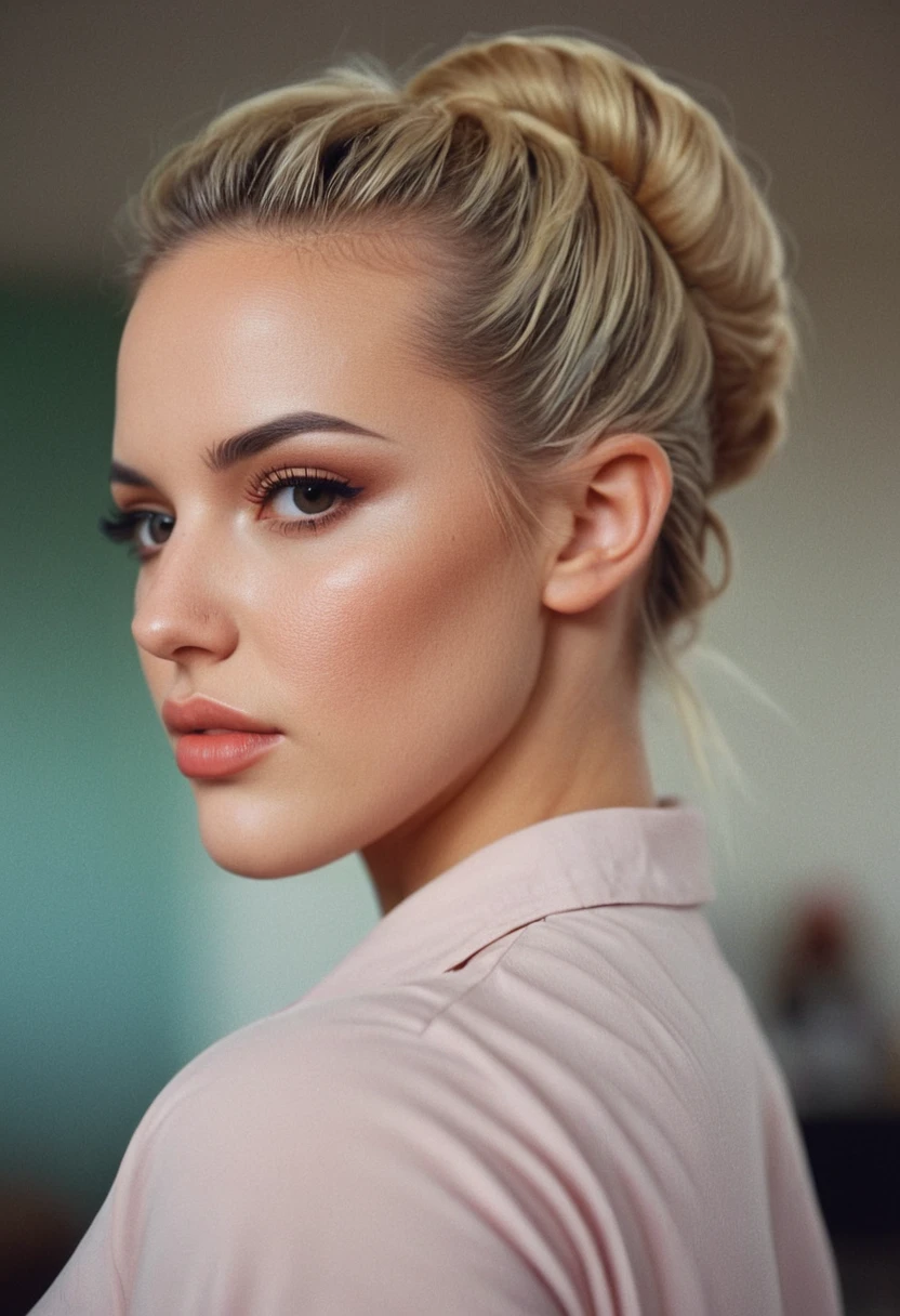 detailed, cinematic, focus, realr1ss, riss dubois, <lora:RealR1ss-sdxl:1>, 1girl, solo, shirt, makeup, contour makeup, realistic, updo hair, blonde hair, focused, huge ass, analog, velvia, bokeh, portrait, close-up, face focused