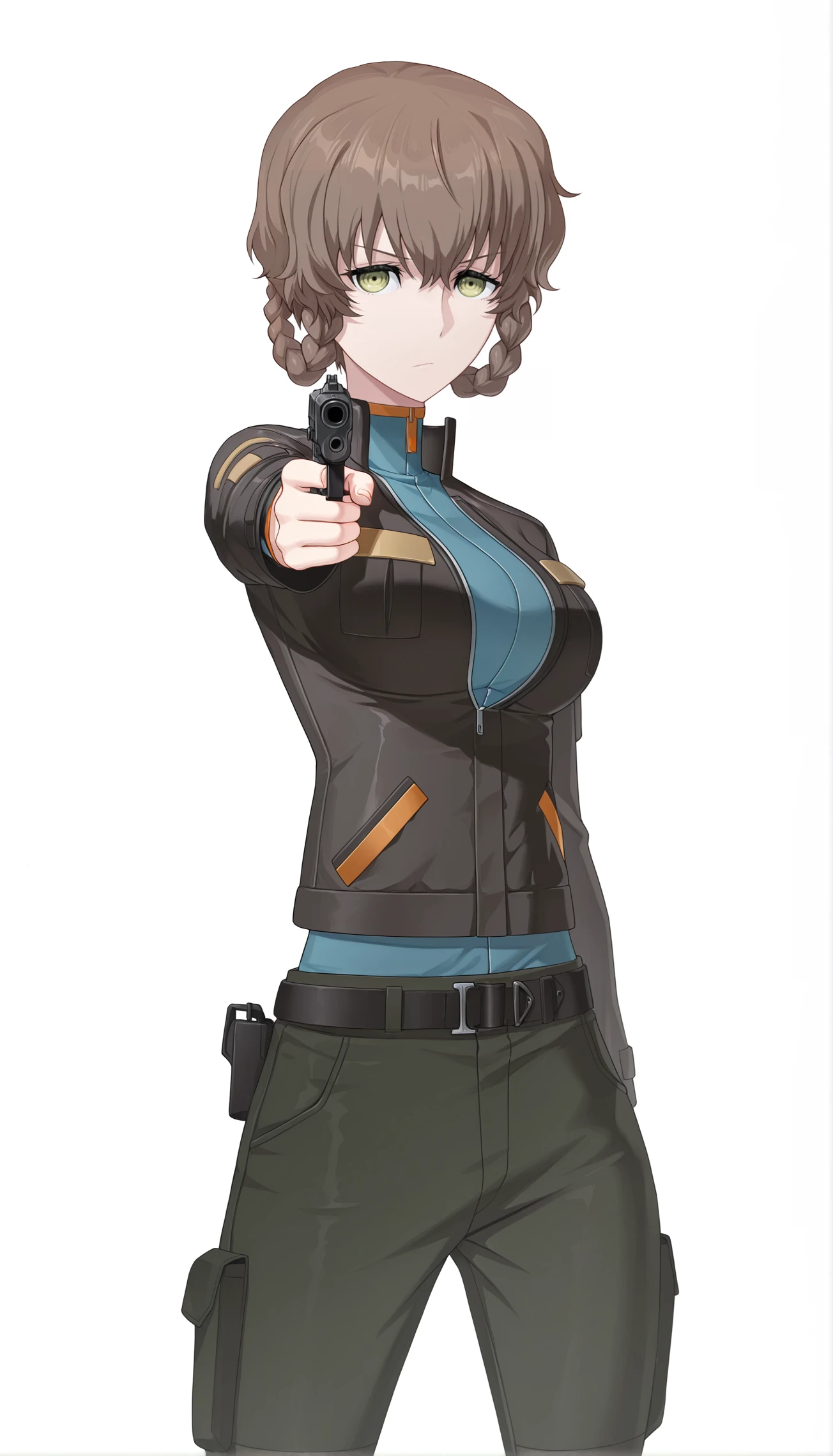 Aile_megamanzx, 1 girl, looking at viewer, Brown hair, green eyes ,City background , Blushed, ranch clothing, ak47 on hands