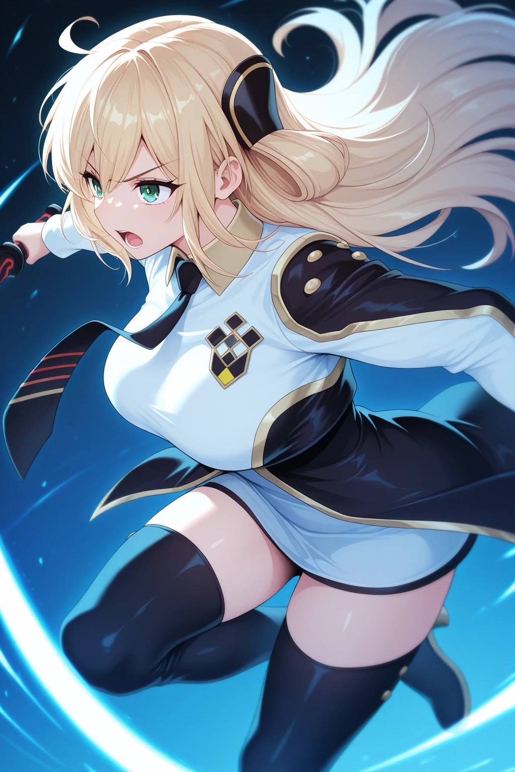 1girl, SkyStrikerAce-RayeYu-Gi-Oh,
general, solo, perspective, upper body, from side,
long hair, blonde hair, green eyes, eyelashes,
breasts,
hair ornament, black necktie,
collared dress, two-tone dress, short dress,
long sleeves,
black thighhighs, thigh boots,
serious, open mouth, holding sword, slashing,
depth of field,
blue theme,
<lora:kp_SkyStrikerAce-RayeYu-Gi-OhIllustrious_v1_0:1.0>,
masterpiece, best quality, amazing quality