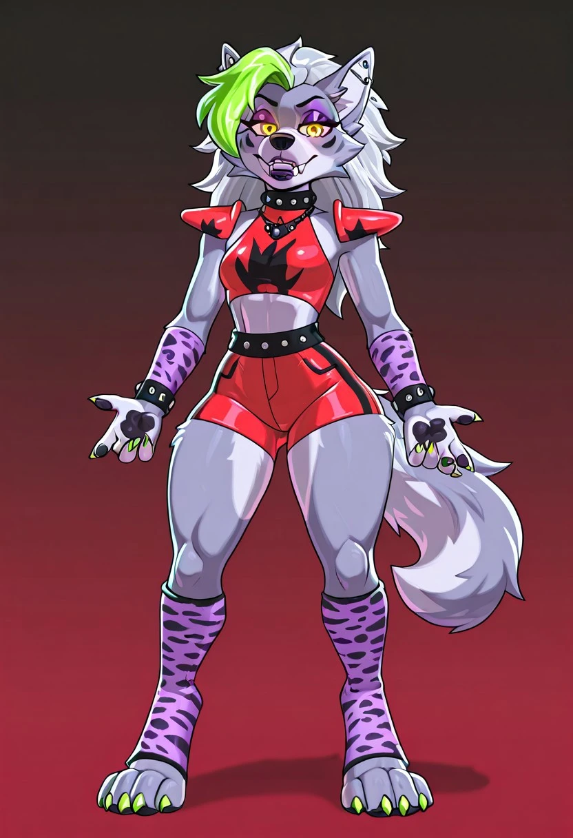 Roxy-Fnaf, animatronic, anthro, wolf girl, slender, thicker fur on arms and thighs, powerful stance on digitigrade paws ending in wolf feet, large pointed ears covered in light gray fur, long bushy tail to match, medium-length silver hair with green highlights, intense yellow almond-shaped eyes, vertical pupils, luscious lips with purple make-up, matching eyelashes and eyeshadow, long green claw nails, dressed in a fitted red crop top, red hot pants, massive red back epaulets, purple leopard print sleeves and gaiters, black studded necklace, studded bracelets, metallic earrings and ear piercings, articulated jaw revealing sharp dental stings,