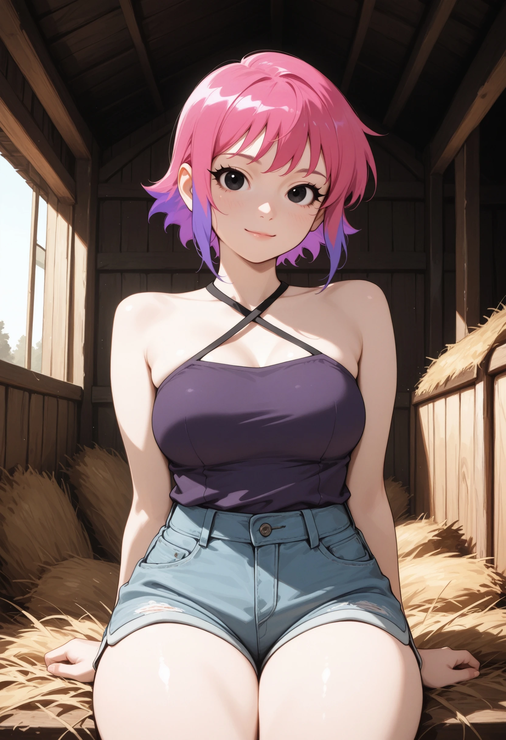 lazypos, 1girl, solo, thick thighs, skindentation, medium breasts,
light smile, slouching,
criss-cross halter, shorts,
facing viewer, looking at viewer,
barn,
<lora:Ramona Flowers (illust):1> ramflo, short hair, multicolored hair, two-tone hair, pink hair, purple hair, long eyelashes, black eyes,