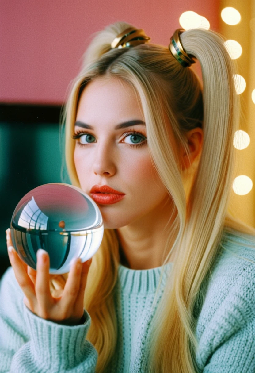 ambiance, analog, realr1ss, riss dubois, <lora:RealR1ss-sdxl:1>, 1girl, mature, sweater, solo, orb, (portrait), crystal ball, long hair, twin tails hair, realistic, contemplating her glowing orb, blonde hair, contour makeup, big lips, looking at viewer, bokeh, focus, film, velvia, sharp, focus, detail, artistic, best quality, photograph, focus