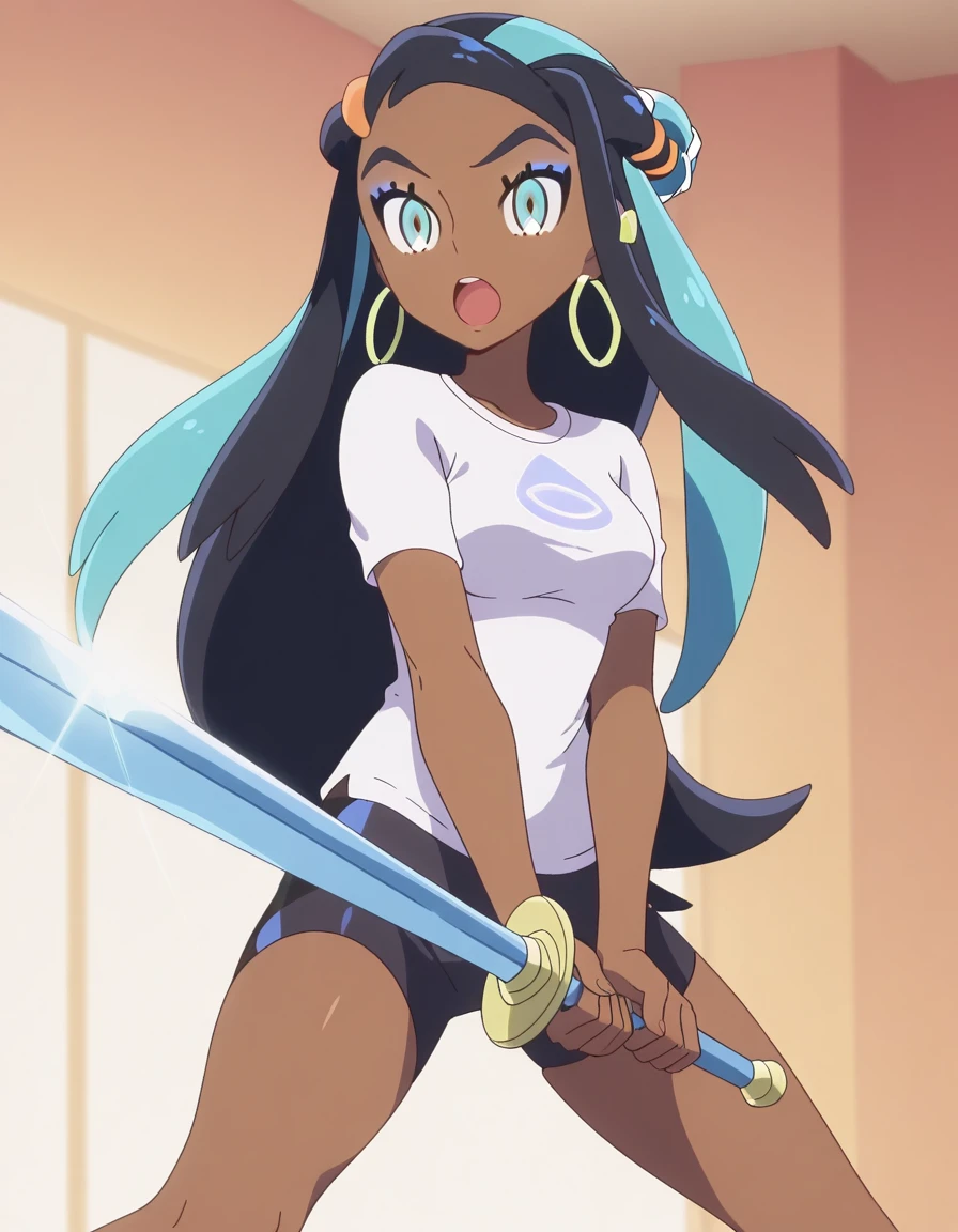 masterpiece, best quality, amazing quality,, <lora:pokemon-nessa-twilight-wings-illustriousxl-lora-nochekaiser:1>, nessa, nessa (pokemon), aqua eyes, eyeshadow, dark skin, dark-skinned female, hair bun, hair ornament, makeup, long hair, sidelocks, single hair bun, thick eyebrows, black hair, aqua hair, streaked hair, mature female, medium breasts, anime screencap,, <lora:sunrise-stance-illustriousxl-lora-nochekaiser:1>, sunrise stance, weapon, sword, solo, open mouth, holding weapon, holding, holding sword,,