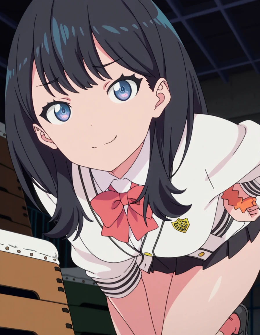 masterpiece, best quality, amazing quality,, <lora:rikka-takarada-s1-illustriousxl-lora-nochekaiser:1>, rikka takarada, takarada rikka, black hair, blue eyes, long hair, orange scrunchie, scrunchie, wrist scrunchie, mature female, medium breasts, anime screencap,, black footwear, black skirt, bow, bowtie, buttons, cardigan, collared shirt, long sleeves, microskirt, pleated skirt, red bow, red bowtie, red socks, school uniform, shirt, shoes, skirt, socks, thighs, white cardigan, white shirt,, bent over, smug,, gym storeroom, equipment, supplies, cleaning, storage, cowboy shot, solo, looking at viewer