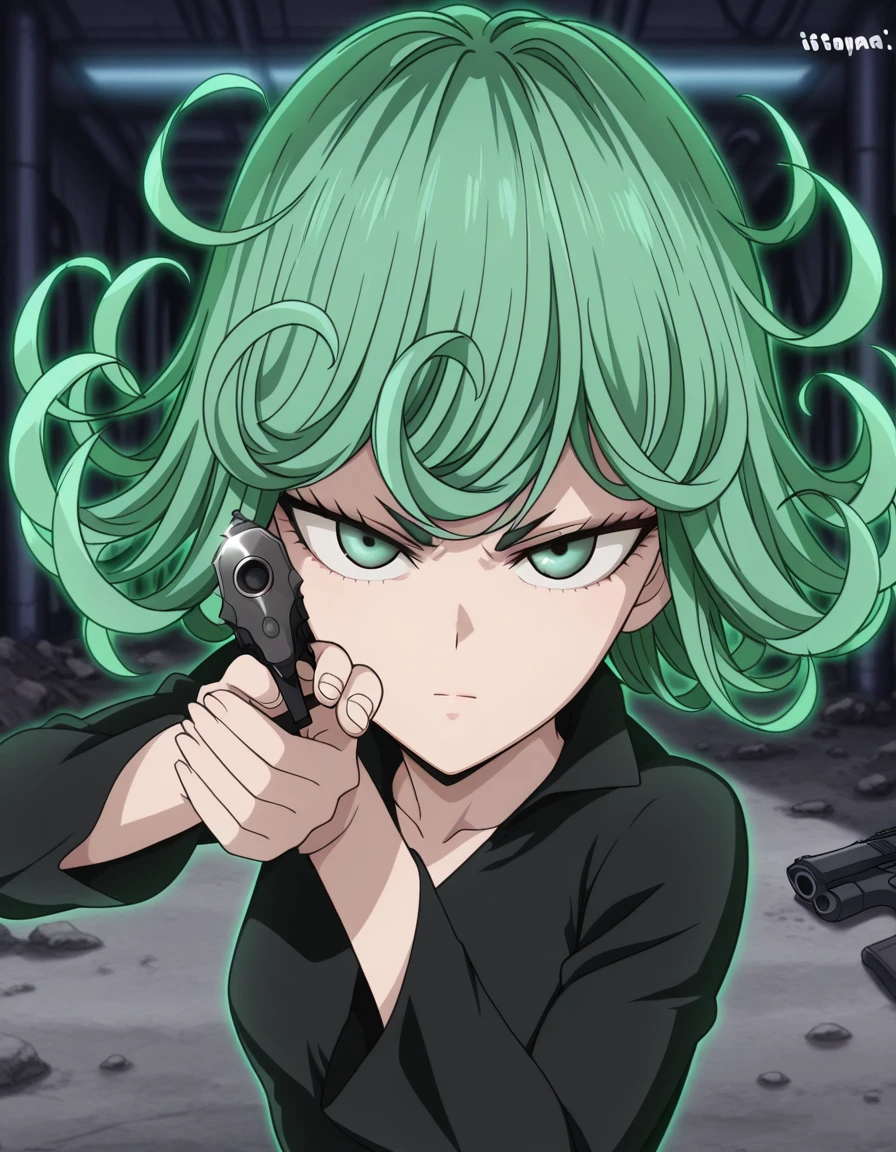 masterpiece, best quality, amazing quality,, <lora:opm-tatsumaki-s1-illustriousxl-lora-nochekaiser:1>, tatsumaki, tatsumaki (one-punch man), green hair, green eyes, short hair, curly hair, mature female, small breasts, anime screencap,, <lora:center-axis-relock-stance-illustriousxl-lora-nochekaiser:1>, center axis relock stance, looking at viewer, holding, closed mouth, weapon, holding weapon, gun, holding gun, handgun, aiming, finger on trigger, aiming at viewer, m1911,,