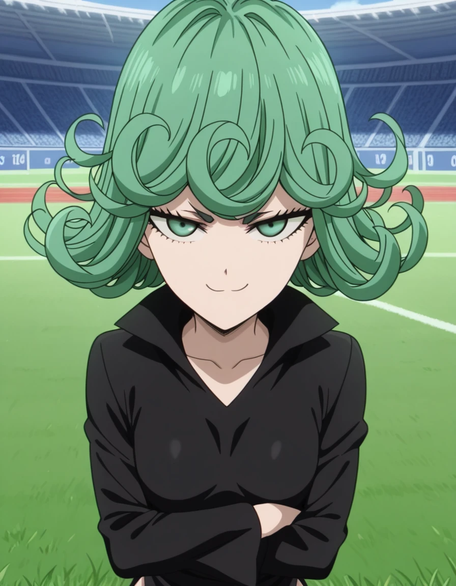 masterpiece, best quality, amazing quality,, <lora:opm-tatsumaki-s1-illustriousxl-lora-nochekaiser:1>, tatsumaki, tatsumaki (one-punch man), green hair, green eyes, short hair, curly hair, mature female, small breasts, anime screencap,, dress, black dress, side slit, collarbone, long sleeves, smug, soccer field, grass, goal, players, sport, cowboy shot, solo, looking at viewer