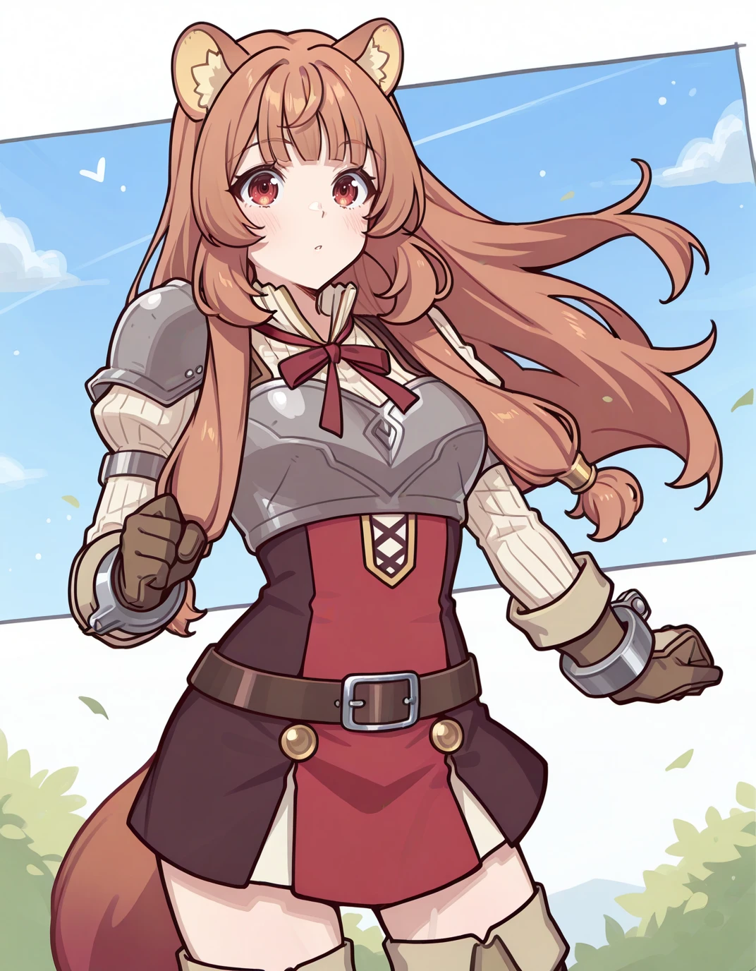 ((Masterpiece, 8k, High quality)), (adult female), (orange eyes), (((long brown hair))), ((Squirrel ears)), ((Medium bust, hips wide open)), ((wearing white stockings)), (((Wearing silver armor))), ((blue skirt)), ((eyes wide open, smile a little)), ((single woman)), body lines are very เพศy, Crotch wide open, The pointed shape is clearly visible., Can see areola, The pubic area is clearly visible., Crotch wide open, Wet and stuck underwear, legs wide open,