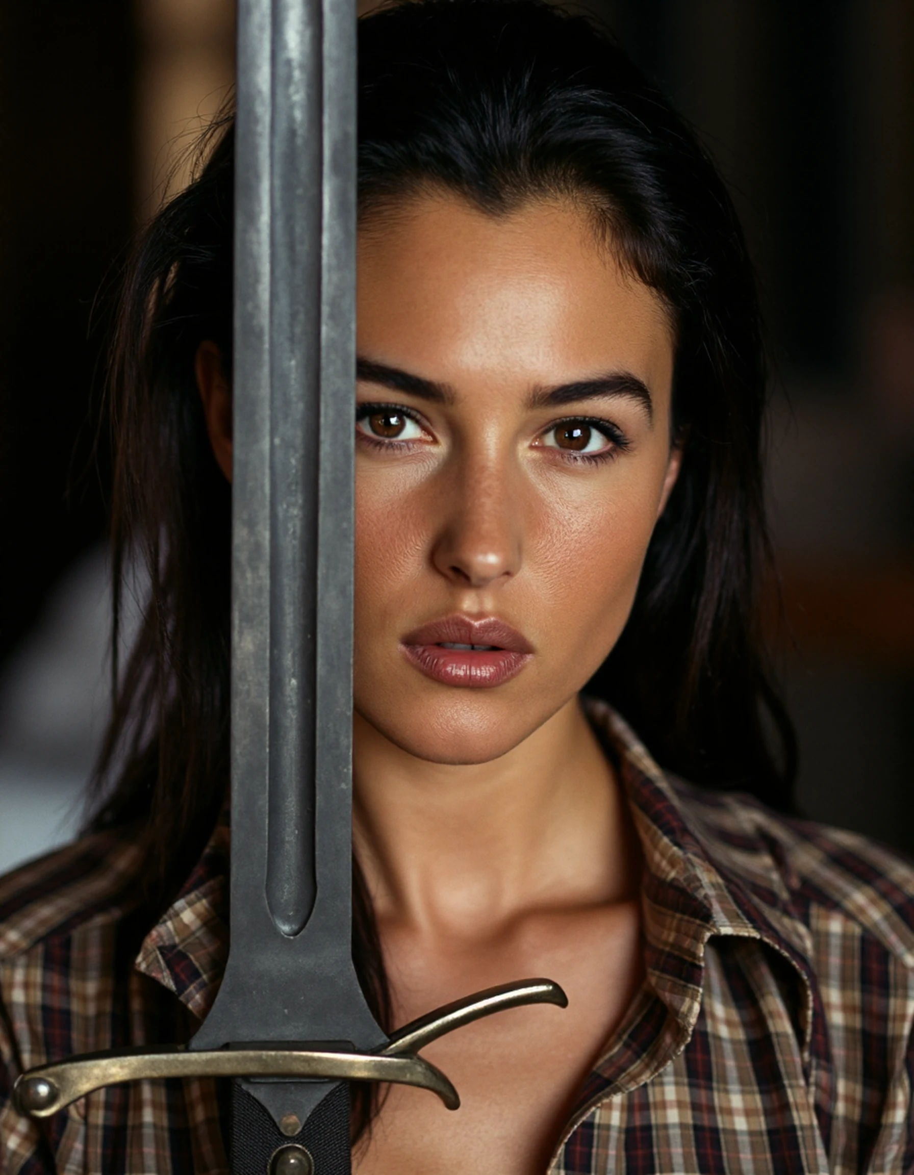 a close up of a woman in a dress with sword,  similar to mila kunis, cinematic goddess body shot