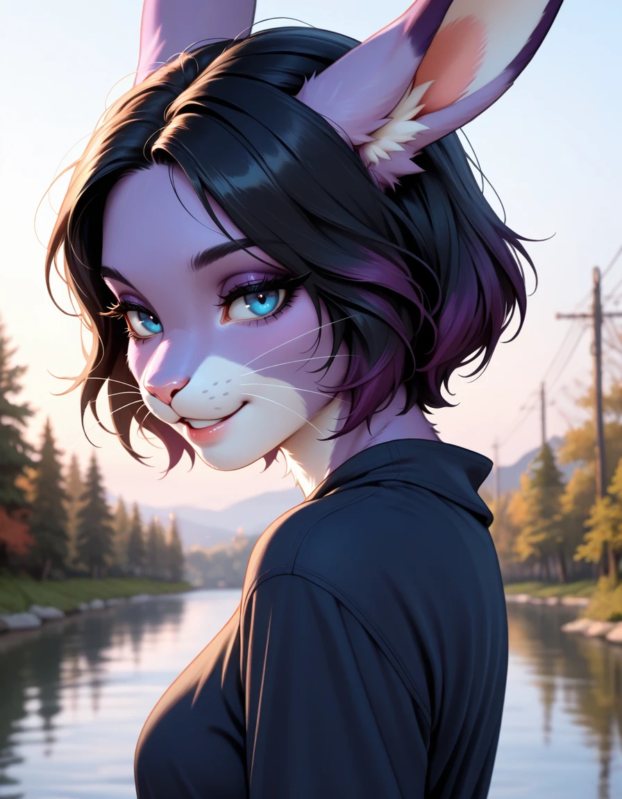 masterpiece, best quality, very aesthetic, absurdres,
outdoors, casual,
upper body, headshot, from side,
seductive smile, parted lips, long eyelashes,
m4rl3nn3,1girl,solo,furry,furry female,black hair,short hair,rabbit ears,blue eyes,animal nose,whiskers,body fur,purple fur,
