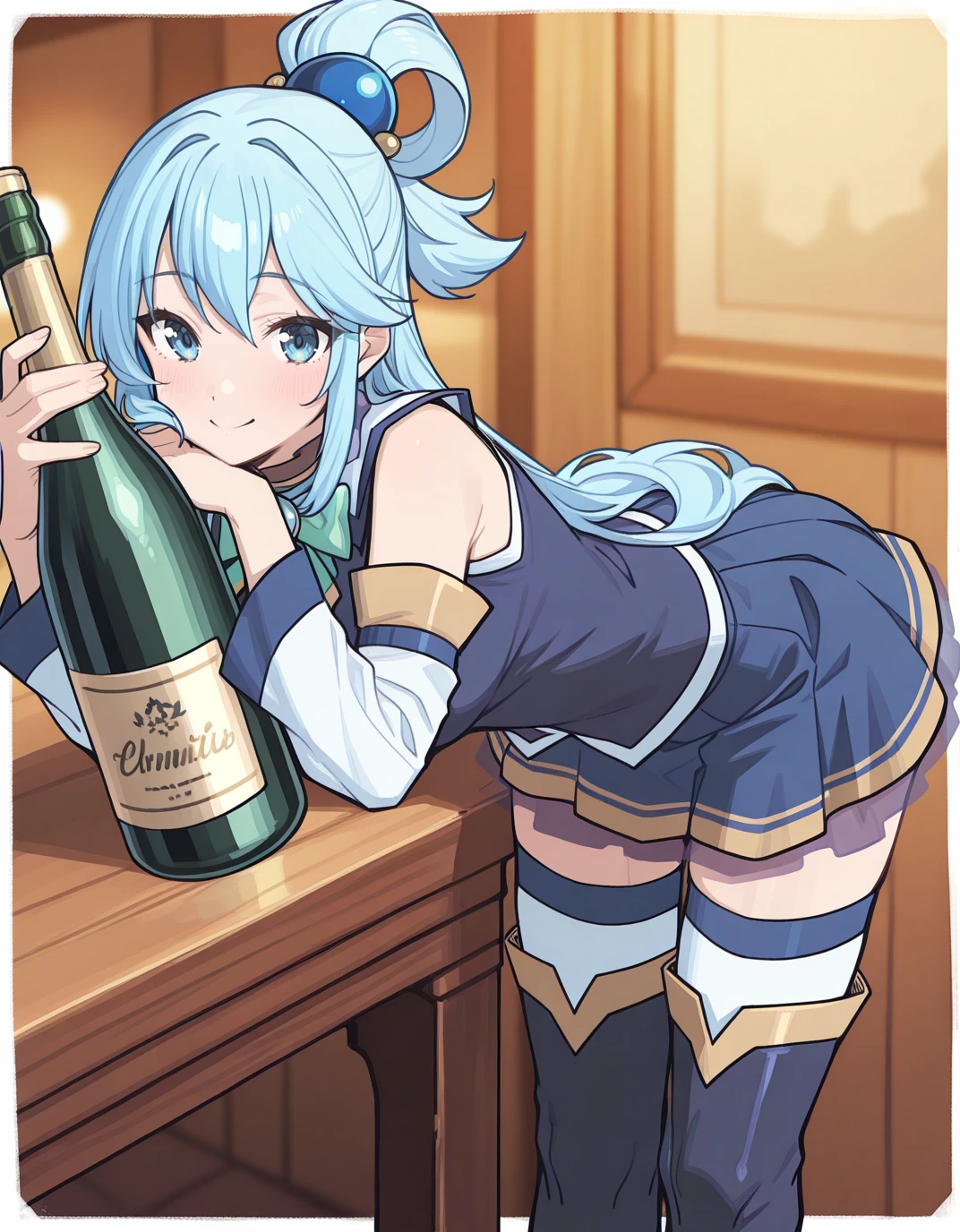 solo,
<lora:AETeshimaNari:1>
<lora:AEAquaIlx:1> AEAquaDef, blue eyes, blue hair, single hair ring, hair ornament, green bow, blue shirt, sleeveless, detached sleeves, White sleeves, blue skirt, miniskirt, White thighhighs, thighhighs under boots, zettai ryouiki, blue thigh boots, high heel boots, high heels, happy, holding champagne bottle, hugging bottle,, masterpiece, best quality, high quality, highres, 4k, newest, anime,