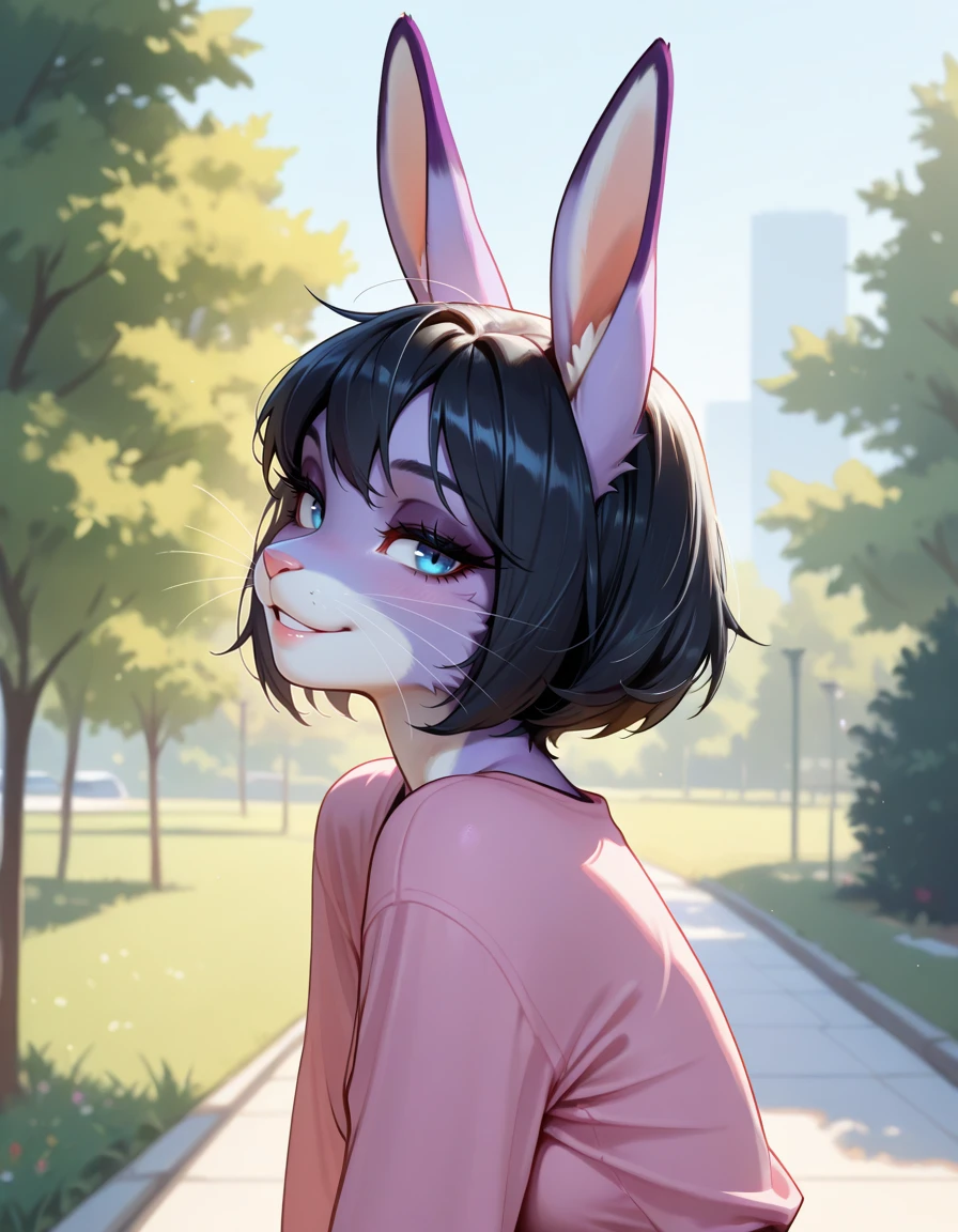 masterpiece, best quality, very aesthetic, absurdres,
outdoors, casual,
upper body, headshot, from side,
seductive smile, parted lips, long eyelashes,
m4rl3nn3,1girl,solo,furry,furry female,black hair,short hair,rabbit ears,blue eyes,animal nose,whiskers,body fur,purple fur,