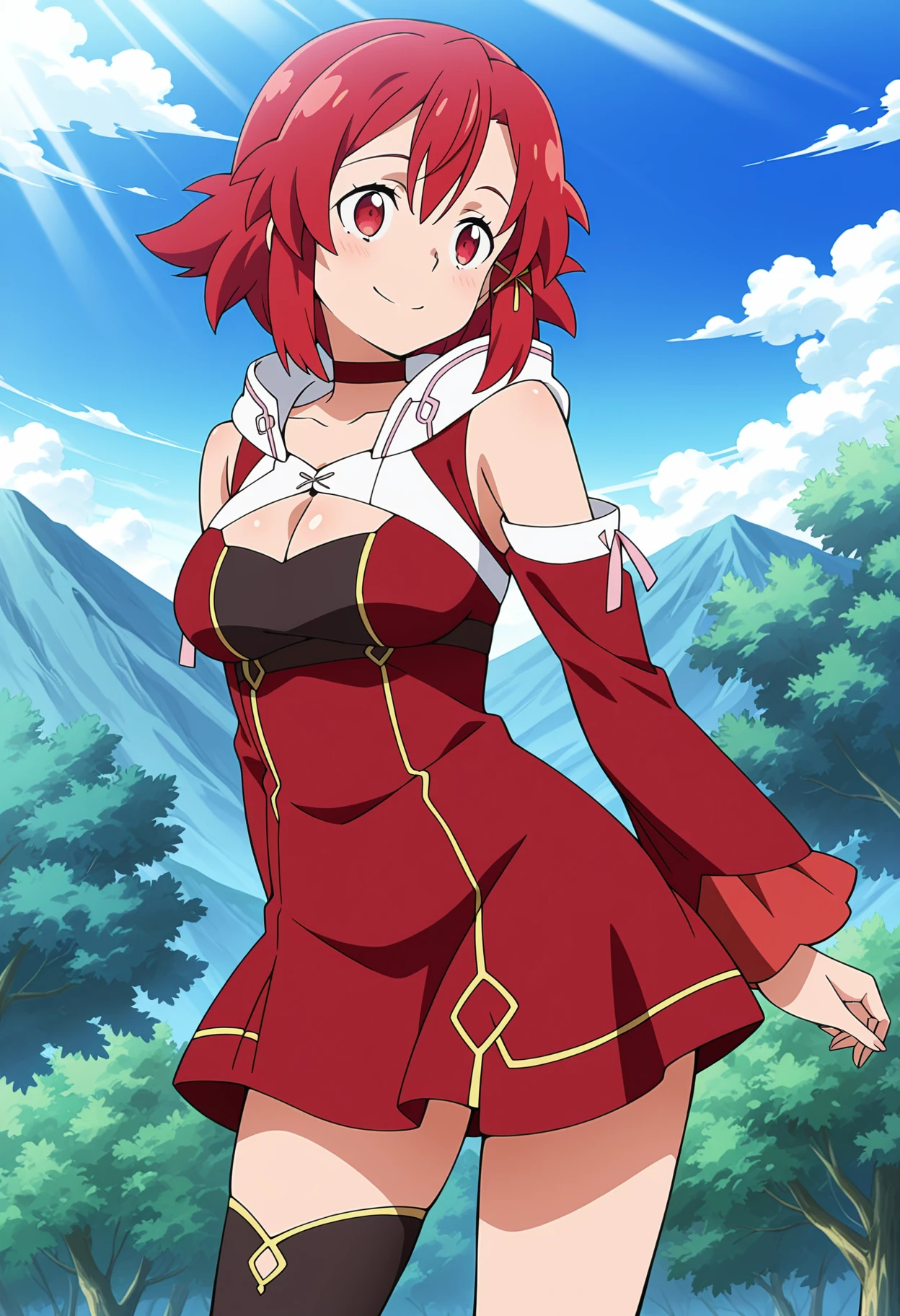 one-girl,Red clothes,Off-the-shoulder attire,Red hair,Huge breasts,cleavage,,fire and ice,火焰,magma,the street,neonlight,Open navel