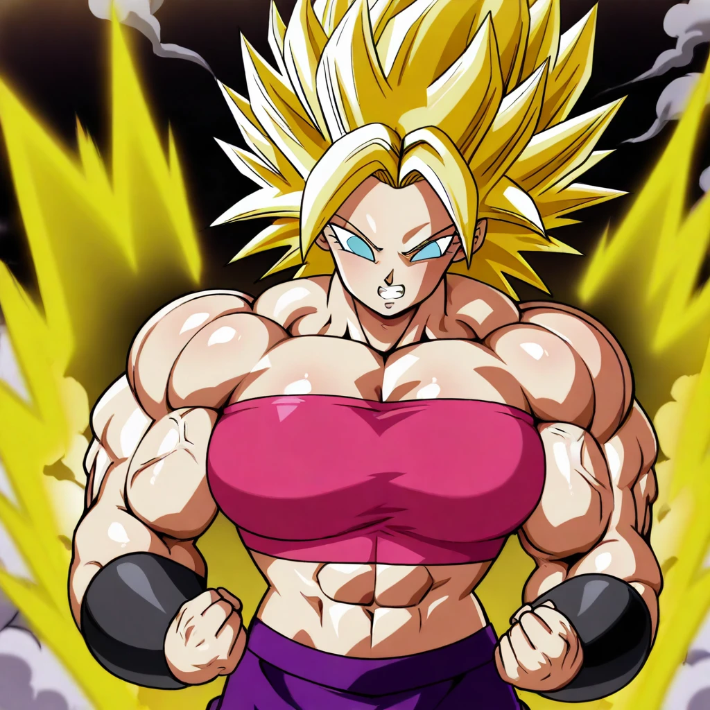 anime screencap, absurdres, high quality, SSTGCaulifla, 1girl, super saiyan, ssj grade 3, blue eyes, yellow hair, spiked hair, muscular female, midriff, black footwear, pink tube top, purple pants, puffy pants, shoes, bracer, very muscular, thick muscles, thick arms, thick legs, solo, clenched teeth, clenched hands, golden aura, v-shaped eyes, v-shaped eyebrows, purple pants, looking at another, biceps, shiny hair, shiny skin, cowboy shot, muscular female, dark sky, smoke,