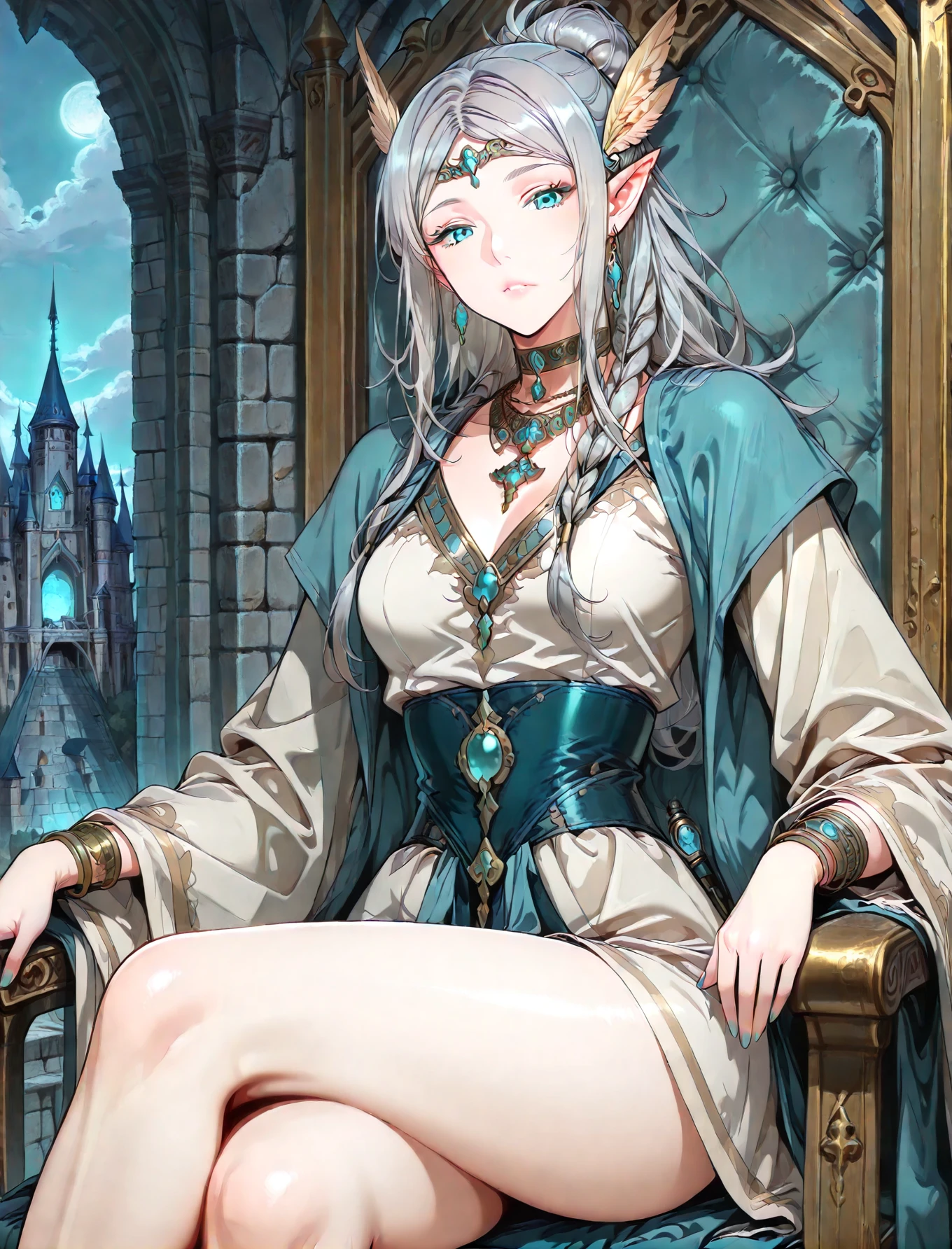 masterpiece, ultra detailed, 8K Portrait, Raw photo, woman's portrait photography, Highly detailed face, ((Fantasy)), ((Adult)), (((Bewitching queen))), ((silver tiara)), Tight eyes, (((expressionless))), ((Brown skin)), (((blue gray colored hair))), (((forehead))), put hand on the armrest, legs crossed and lean back in the throne, (((silver Silk Long Cloak))), (((Gorgeous Deep blue long robe))), Midnight, by the Moon, Hyper realistic, Slender body, In the large audience room of the Devil's Castle, moonlight lighting, Shadow details , Camera focus on thigh, strong breeze, Light fog
