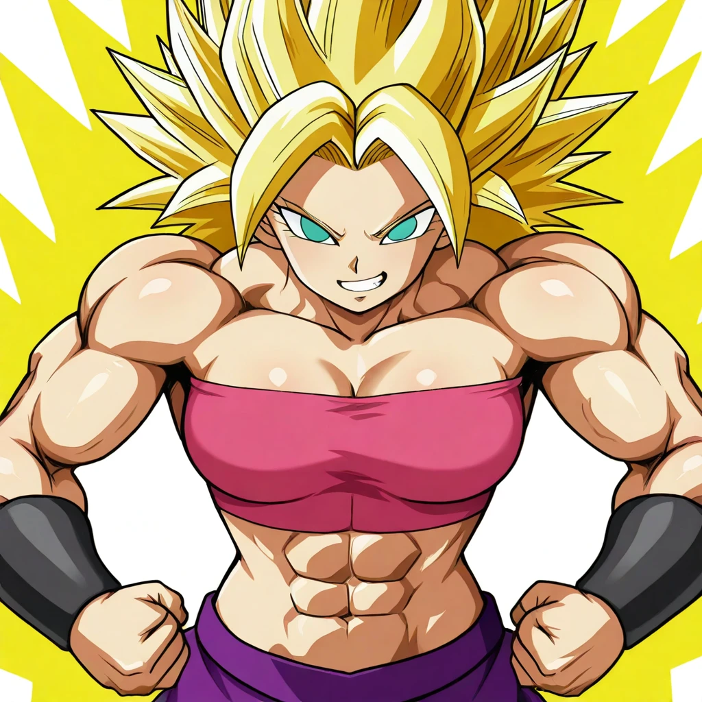 caulifla, ssj grade 3, official style, 1girl, solo, breasts, aqua eyes, blonde hair, teeth, midriff, pink tube top, abs, spiked hair, clenched teeth, clenched hands, bracer, golden aura, v-shaped eyes, v-shaped eyebrows, purple pants, standing, hands on hips, white background, looking at viewer, smirk,
