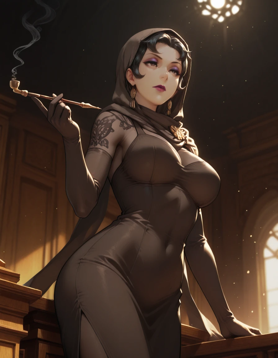 plague doctor, 1girl, solo, hood, mask, gloves, faceless, plague doctor mask, bandage, tabard, medieval, breasts, wide hips, exposed side thigh, embarrassed, heavy blush, blushing, thick thighs, small breasts, medieval tavern, wood mug, indoors, floorboards, wood railing, window, light rays, bloom, wood table, bandage on feet,