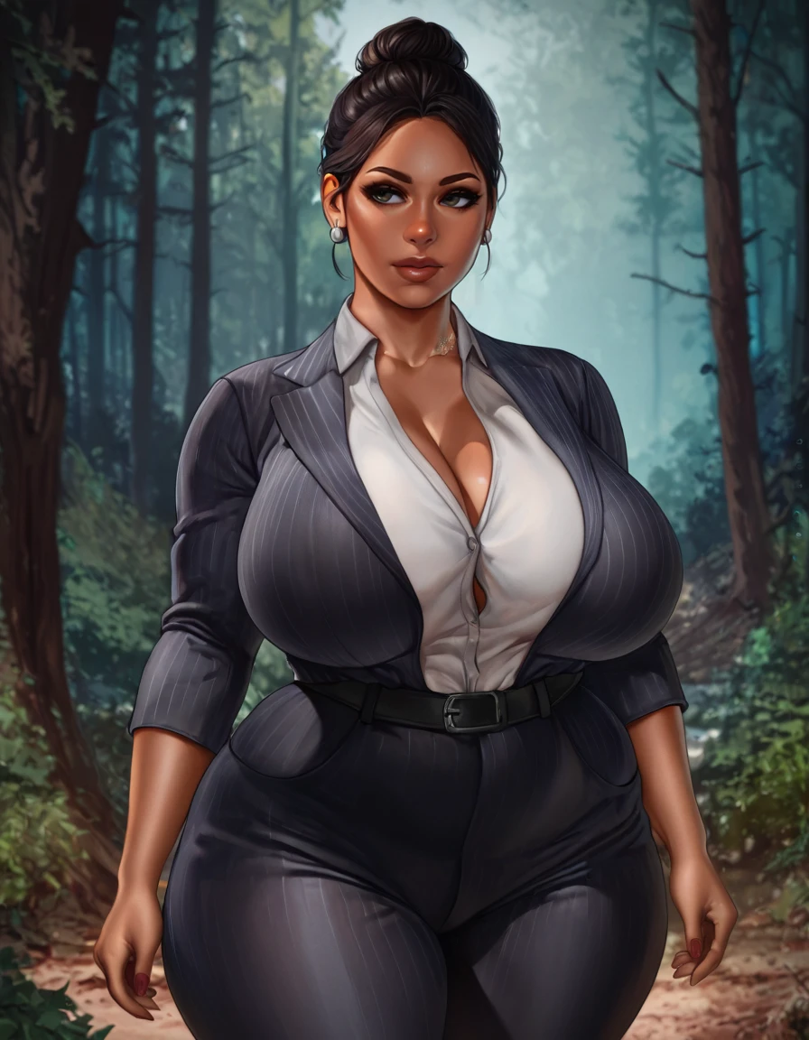 (extremely detailed CG unity 8k wallpaper:1.5),<(masterpiece:1.5), (best quality:1.7), high resolution illustration, (finely detailed purple eyes and detailed face:1.3), (detail:1.3, best quality, (ultra-detailed), (an extremely delicate and beautiful), (illustration), (painting),(masterpiece:1.5),cinematic light,dynamic angle,floating,sharp focus,(2d:1.7), (best quality:1.3),(illustration:1.1),((disheveled hair:1.2),(beautiful detailed eyes:1.1),(cinematic light:1.1), beautiful (40 year old) African woman, ((wearing henley buttoned-up blazer-suit and long pencil-skirt)), at park, outdoor, curvy body type, voluptuous body type, curvy body type, thick body type, big chest, big , (full_body),