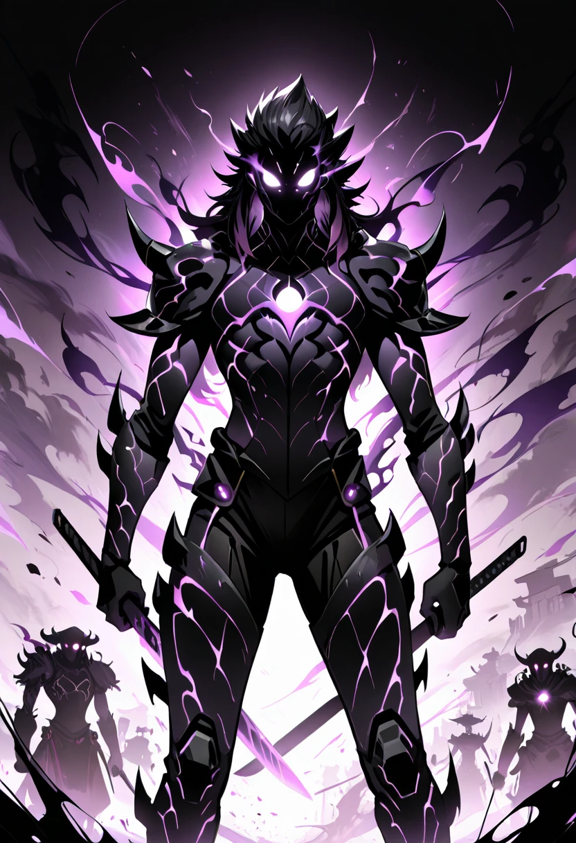 masterpiece, best quality, zzShadowMagic, solo, looking at viewer, 1boy, standing, weapon, male focus, sword, spiked hair, glowing eyes, straight-on, black skin, holding, holding weapon, silhouette ,<lora:ShadowMagic_NAI:1.0>,