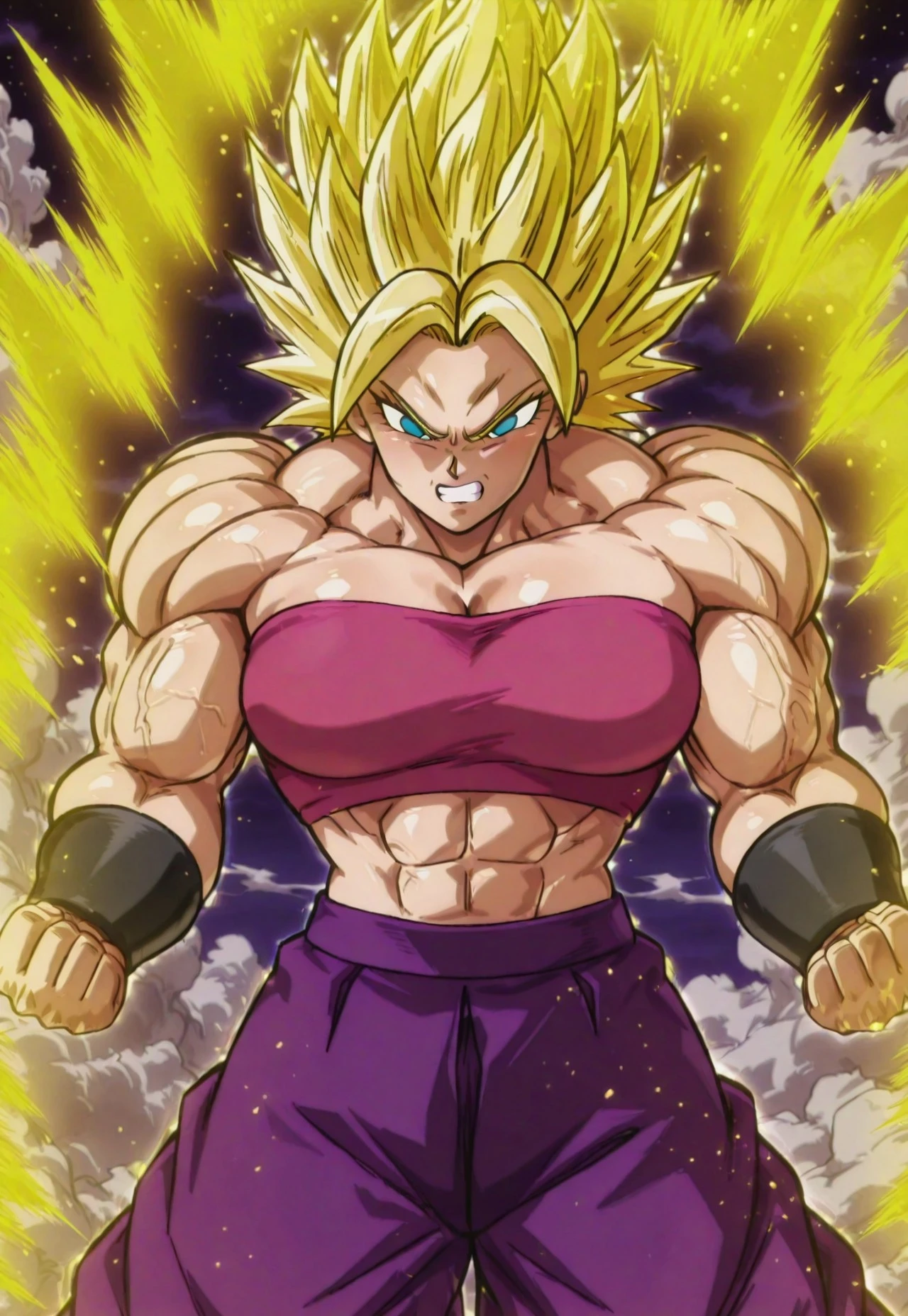 anime screencap, absurdres, high quality, SSTGCaulifla, 1girl, super saiyan, ssj grade 3, blue eyes, yellow hair, spiked hair, muscular female, midriff, black footwear, pink tube top, purple pants, puffy pants, shoes, bracer, very muscular, thick muscles, thick arms, thick legs, solo, clenched teeth, clenched hands, golden aura, v-shaped eyes, v-shaped eyebrows, purple pants, looking at another, biceps, shiny hair, shiny skin, cowboy shot, muscular female, dark sky, smoke, solo,