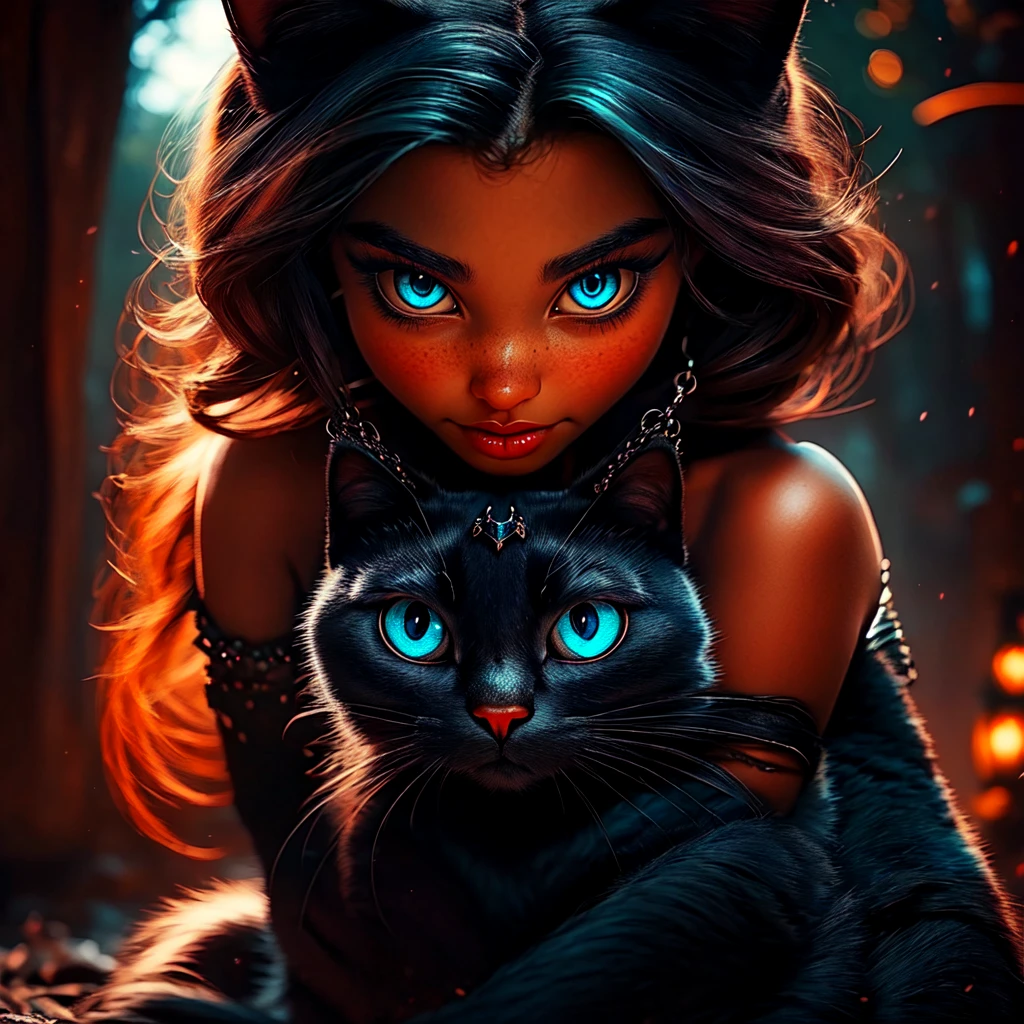 <lora:3D_FairytalesSD1:1> 3D Fairytales, The image shows a woman with blue eyes and a black cat sitting on her lap. She has a human face and is wearing a necklace., 1girl, cat, jewelry, looking at viewer, black cat, animal, freckles, necklace, solo, bare shoulders