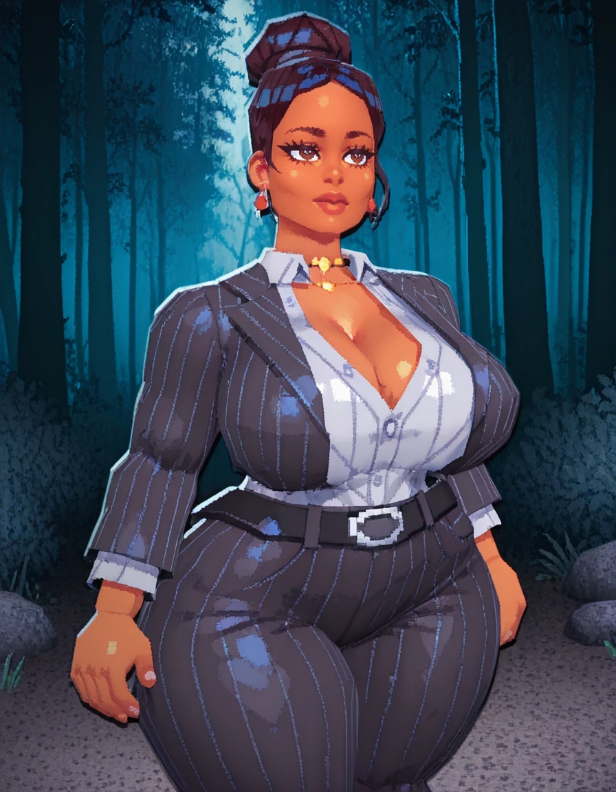 plush doll, feminine, giant breasts, giant butt, curvy, thick thighs, feminine appearance, short stack, sexy, pretty, goth, ultra-detailed eyes, 8k, good quality, white hair, green eyes, glasses, business suit, blazer, secretary, necklace, choker, bimbo, elegant, standing, dark makeup, evil, villainess, 1girl, front facing, beauty mark, detailed face, lace pants, frilly black blouse, platform heels, augmented butt, augmented breasts, butt implants, breast impants, lip fillerm forest background, double breasted suit