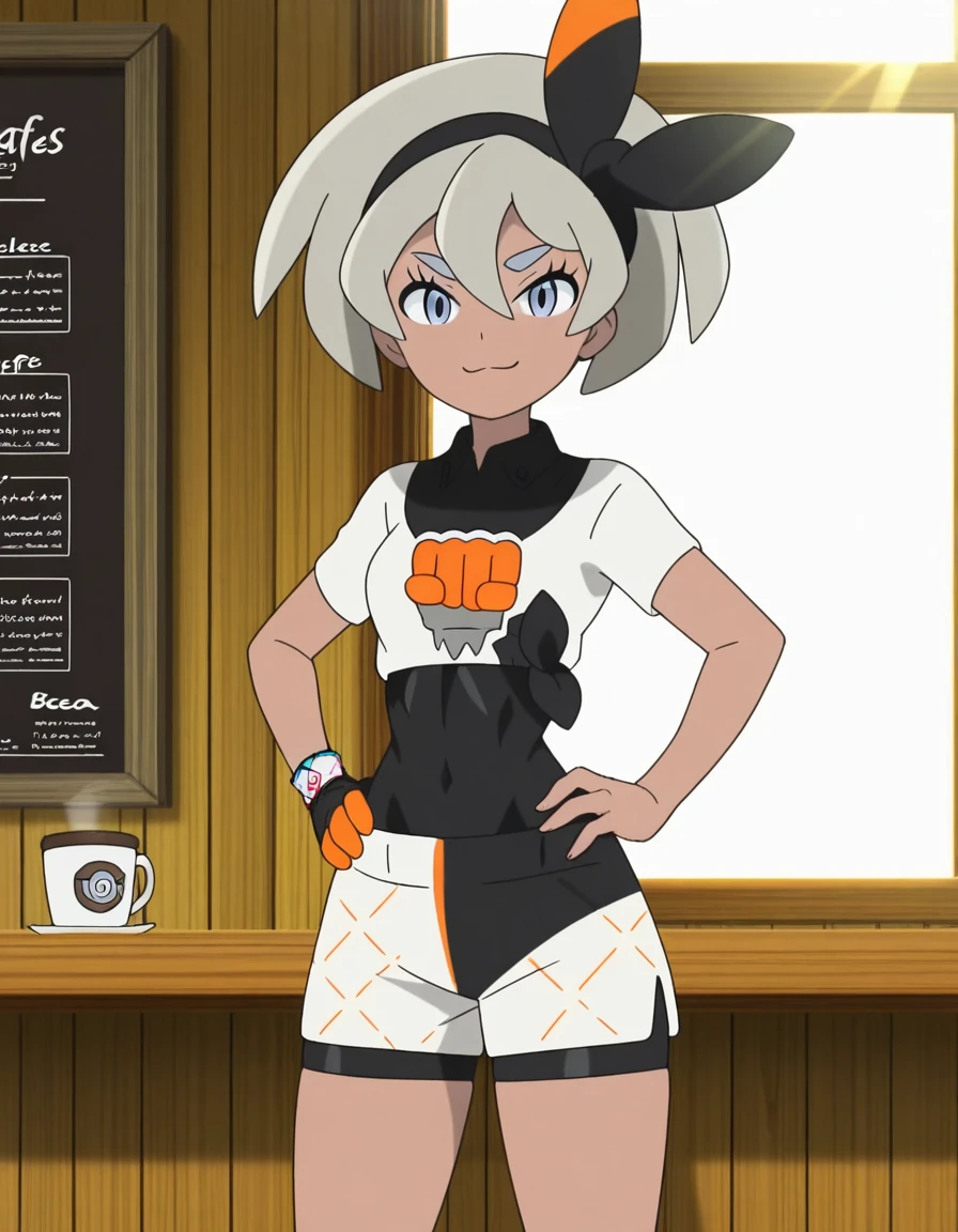 masterpiece, best quality, amazing quality,, <lora:pokemon-bea-anime-illustriousxl-lora-nochekaiser:1>, bea, bea (pokemon), blue eyes, dark skin, dark-skinned female, grey hair, hair between eyes, short hair, ribbon, hair ribbon, hairband, black ribbon, black hairband, mature female, small breasts, anime screencap,, bodysuit, covered navel, shorts, single glove, glove, crop top, white shirt, short sleeves, collar, white shorts,, smug, hands on own hip,, cafe, coffee cup, barista, sitting down, talking, relaxing, sunlight through window, cowboy shot, solo, looking at viewer
