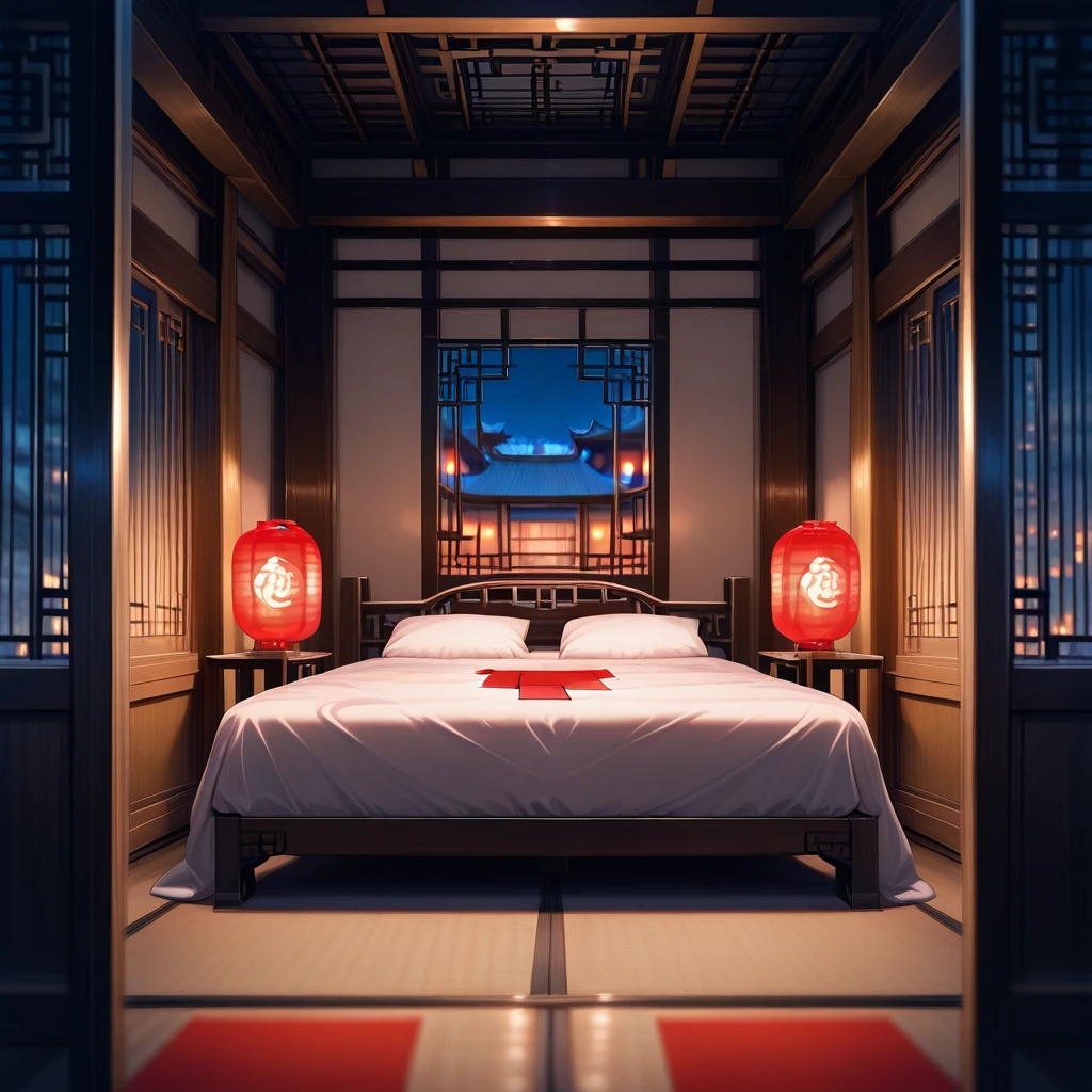 masterpiece,best quality,amazing quality, <lora:IL East_Asian_brothel_bedroom:0.8> eabober, scenery, east asian architecture, lattice window, red paper lantern, bedroom, depth of field, night, large bed, <lora:IL_Between_pencils_and_semi-realism_Style:0.5> stbedap