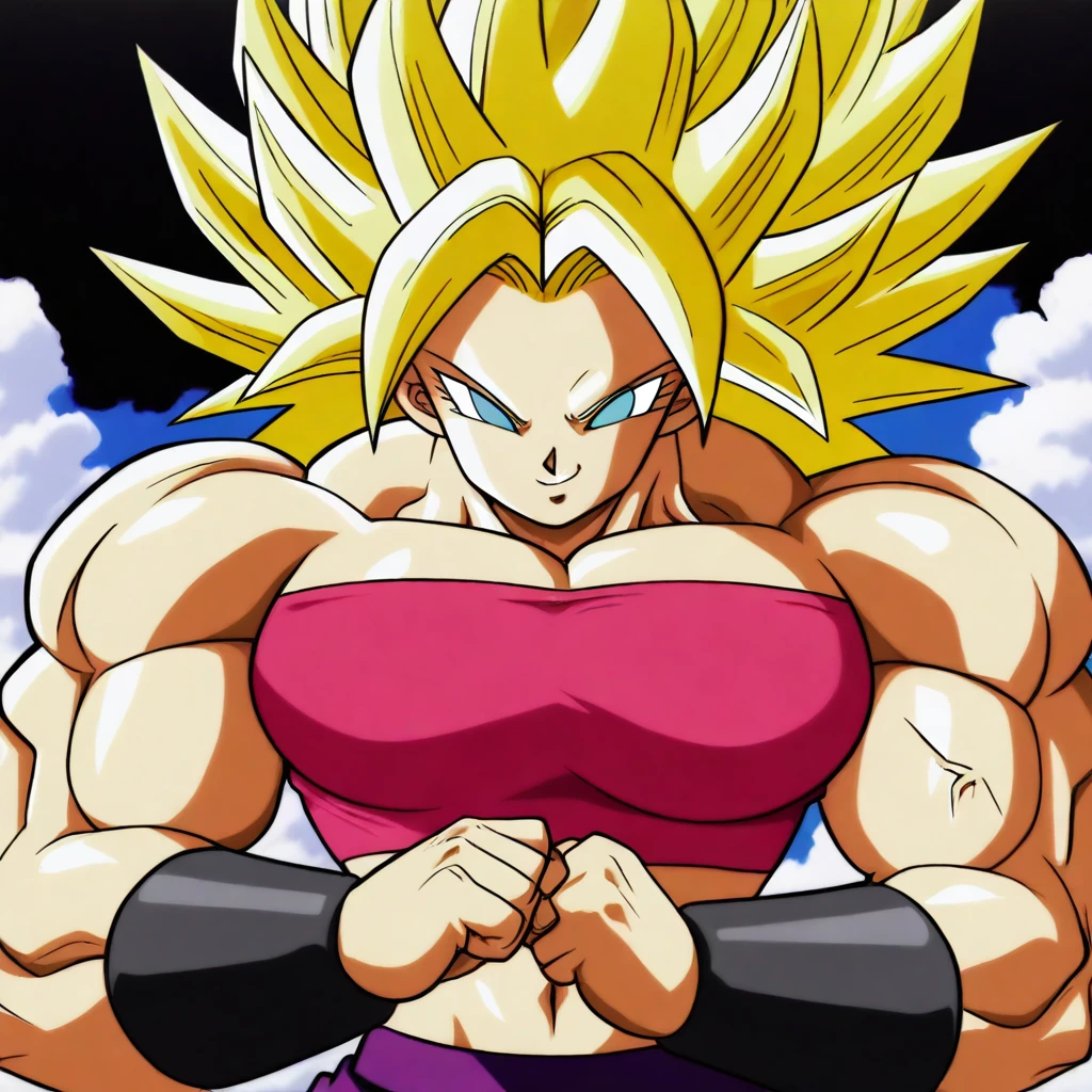 anime screencap, absurdres, high quality, 1990s \(style\),SSTGCaulifla, 1girl, super saiyan, ssj grade 3, blue eyes, yellow hair, spiked hair, muscular female, midriff, black footwear, pink tube top, purple pants, puffy pants, shoes, bracer, very muscular, thick muscles, thick arms, thick legs, solo, fighting stance, arms at sides, smiling, outdoor, blue sky,