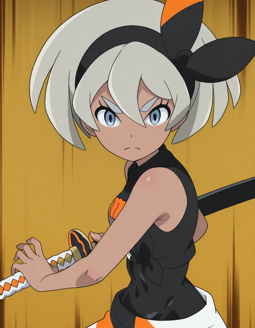 masterpiece, best quality, amazing quality,, <lora:pokemon-bea-anime-illustriousxl-lora-nochekaiser:1>, bea, bea (pokemon), blue eyes, dark skin, dark-skinned female, grey hair, hair between eyes, short hair, ribbon, hair ribbon, hairband, black ribbon, black hairband, mature female, small breasts, anime screencap,, <lora:battoujutsu-stance-illustriousxl-lora-nochekaiser:1>, battoujutsu stance, looking at viewer, holding, weapon, sword, holding weapon, holding sword, standing, katana, sheath, sheathed, fighting stance, ready to draw,