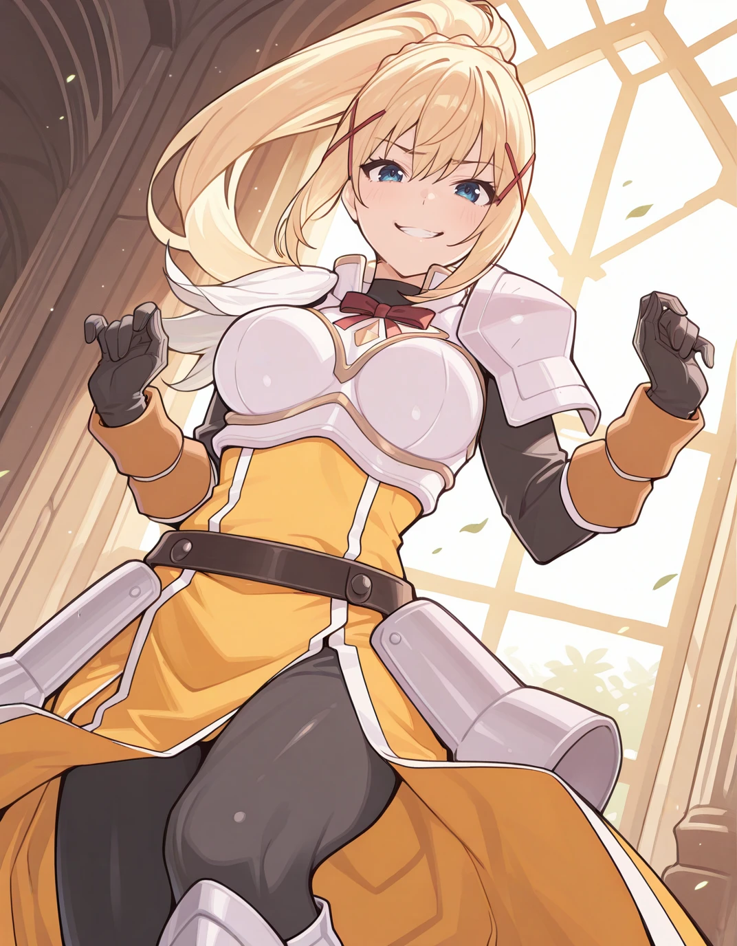 lumen reflections, natural lighting, evocative, triadic color scheme, cowboy shot, elegant, voluptuous:0.6, looking at viewer, 1girl, female, solo, blush, open mouth, smile, teeth, sfw, <lora:darkness (konosuba)_v10:1>, darkness_(konosuba), blonde hair, x hair ornament, armor, blue eyes, ponytail, hair ornament, gloves, shoulder armor, braid, black gloves, pauldrons